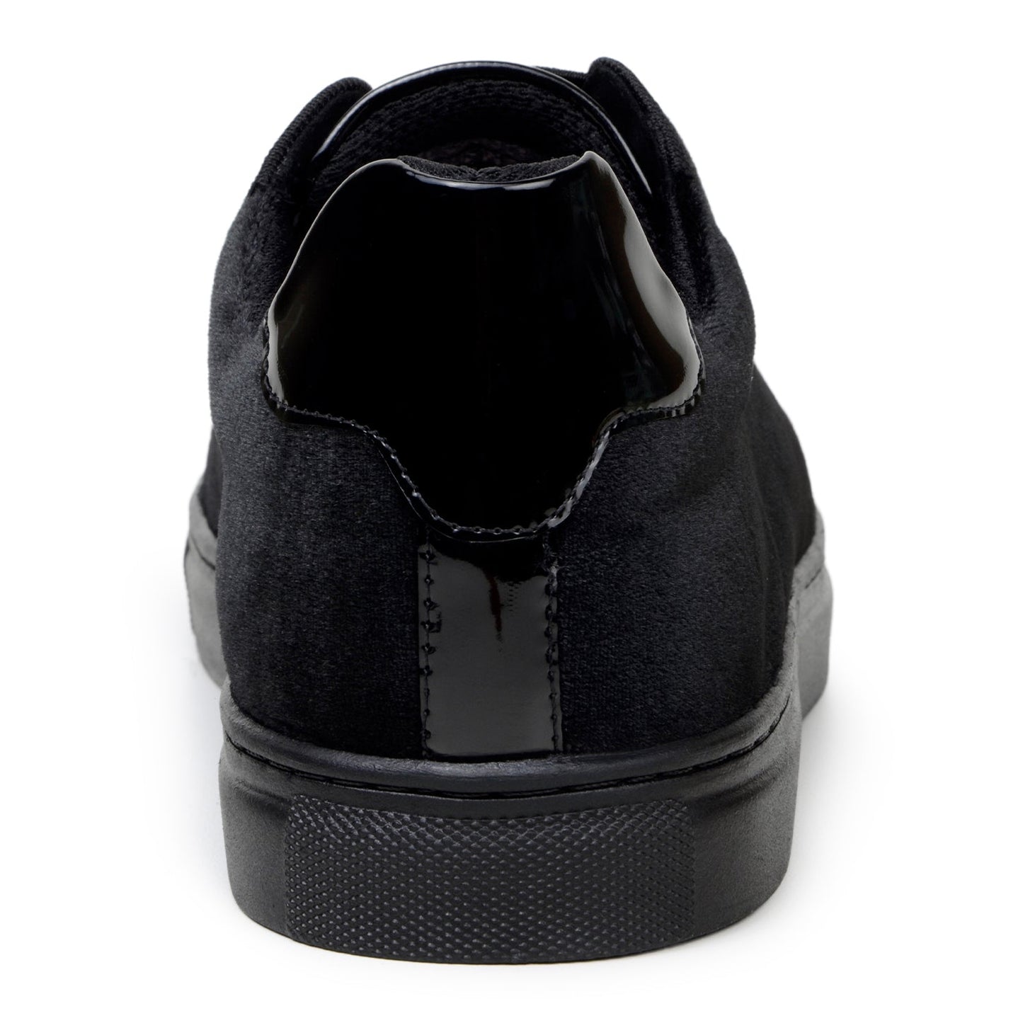 The BELVEDERE Belvedere - Silvano is a black low-top sneaker featuring velvet and patent leather uppers, glossy toe caps, and black soles, shown against a white background.