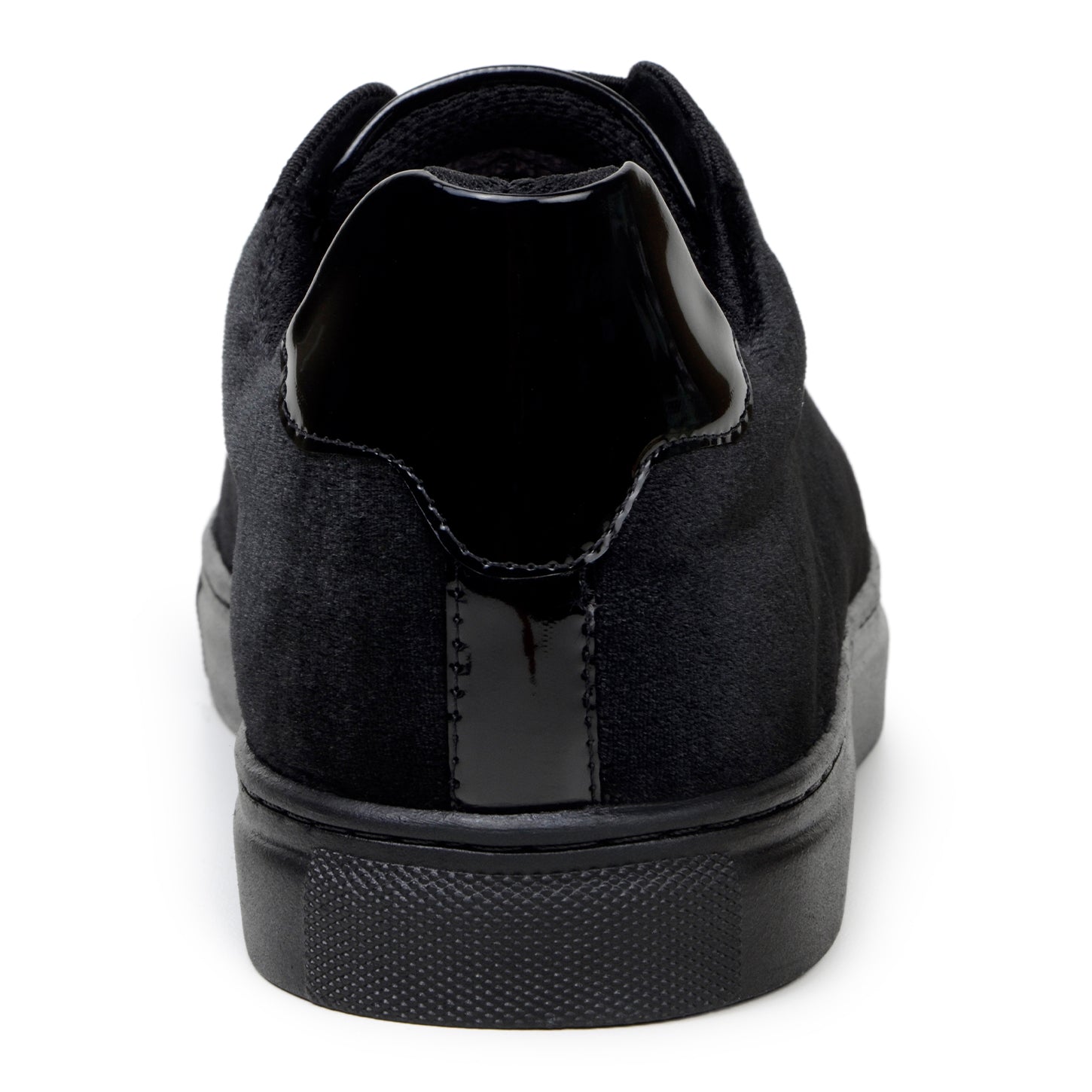 The BELVEDERE Belvedere - Silvano is a black low-top sneaker featuring velvet and patent leather uppers, glossy toe caps, and black soles, shown against a white background.