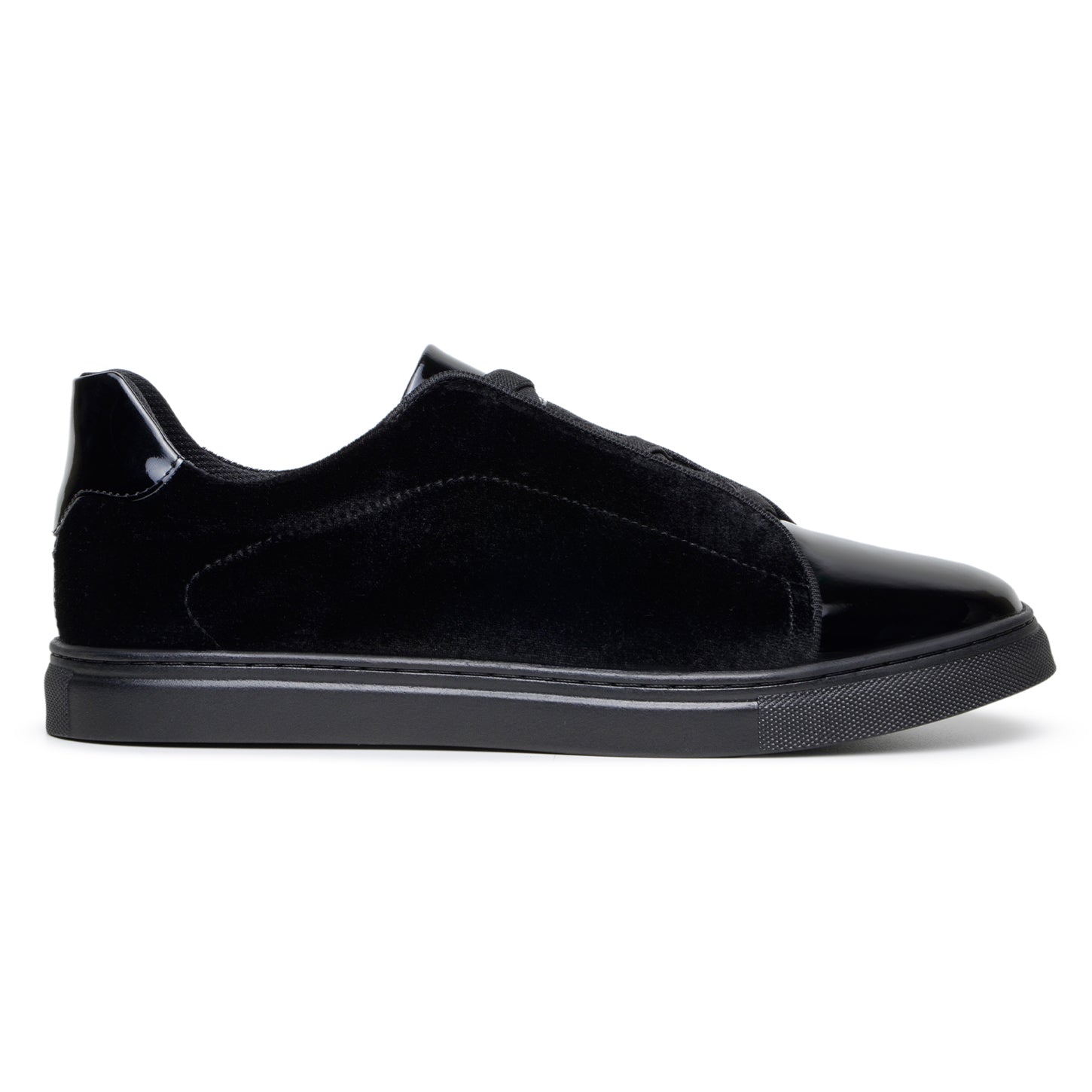 The BELVEDERE Belvedere - Silvano is a black low-top sneaker featuring velvet and patent leather uppers, glossy toe caps, and black soles, shown against a white background.