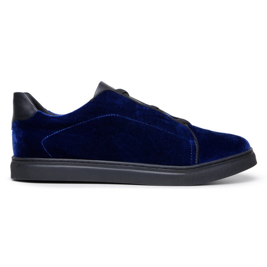 The BELVEDERE Eros is a navy premium velvet low-top sneaker with black laces, a black leather heel detail, and a black rubber sole, shown in a sleek side profile.