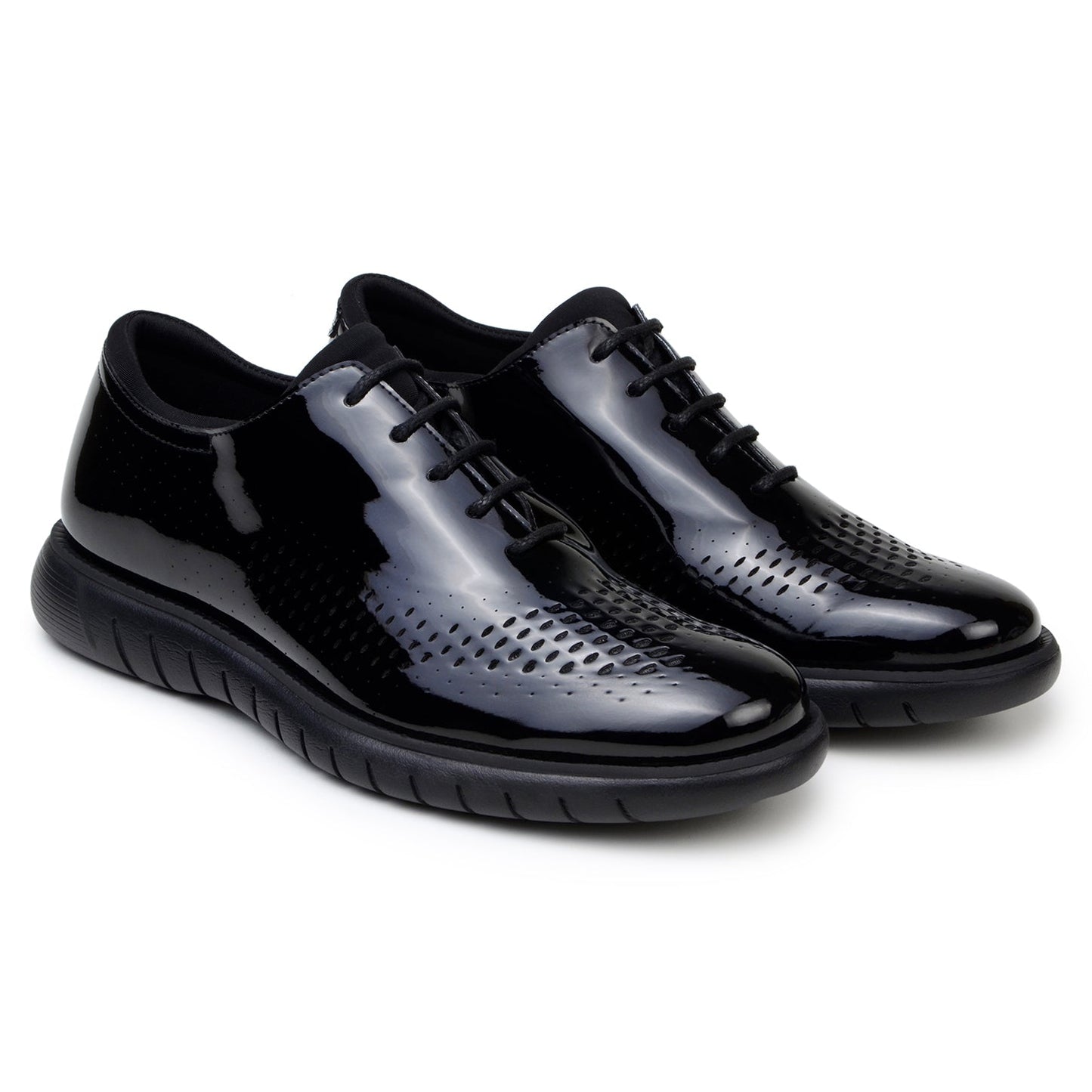 The BELVEDERE Belvedere - Maxim Laser Cut Wingtip Sneaker in black features shiny patent leather, perforated sides, wingtip detailing, and a textured rubber sole, shown in side profile on a white background.