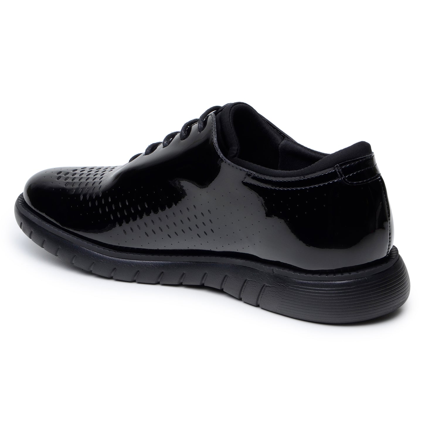 The BELVEDERE Belvedere - Maxim Laser Cut Wingtip Sneaker in black features shiny patent leather, perforated sides, wingtip detailing, and a textured rubber sole, shown in side profile on a white background.