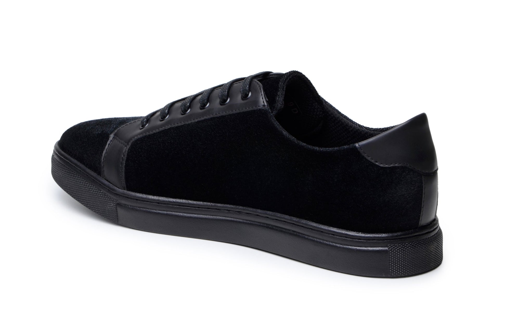 The BELVEDERE Belvedere - Prince is a black sneaker featuring velvet and matte leather, black laces, a cushioned insole, and a black rubber sole. Shown in side profile against a white background.