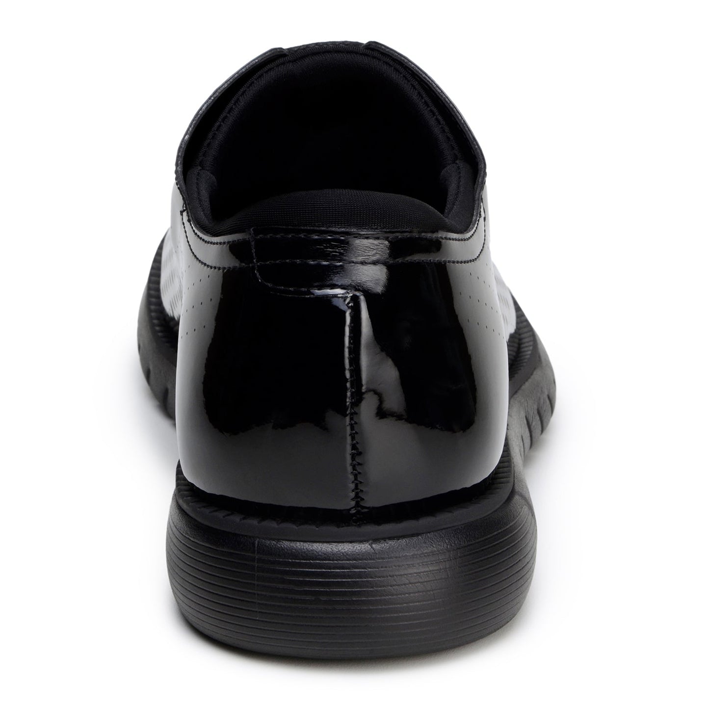 The BELVEDERE Belvedere - Maxim Laser Cut Wingtip Sneaker in black features shiny patent leather, perforated sides, wingtip detailing, and a textured rubber sole, shown in side profile on a white background.