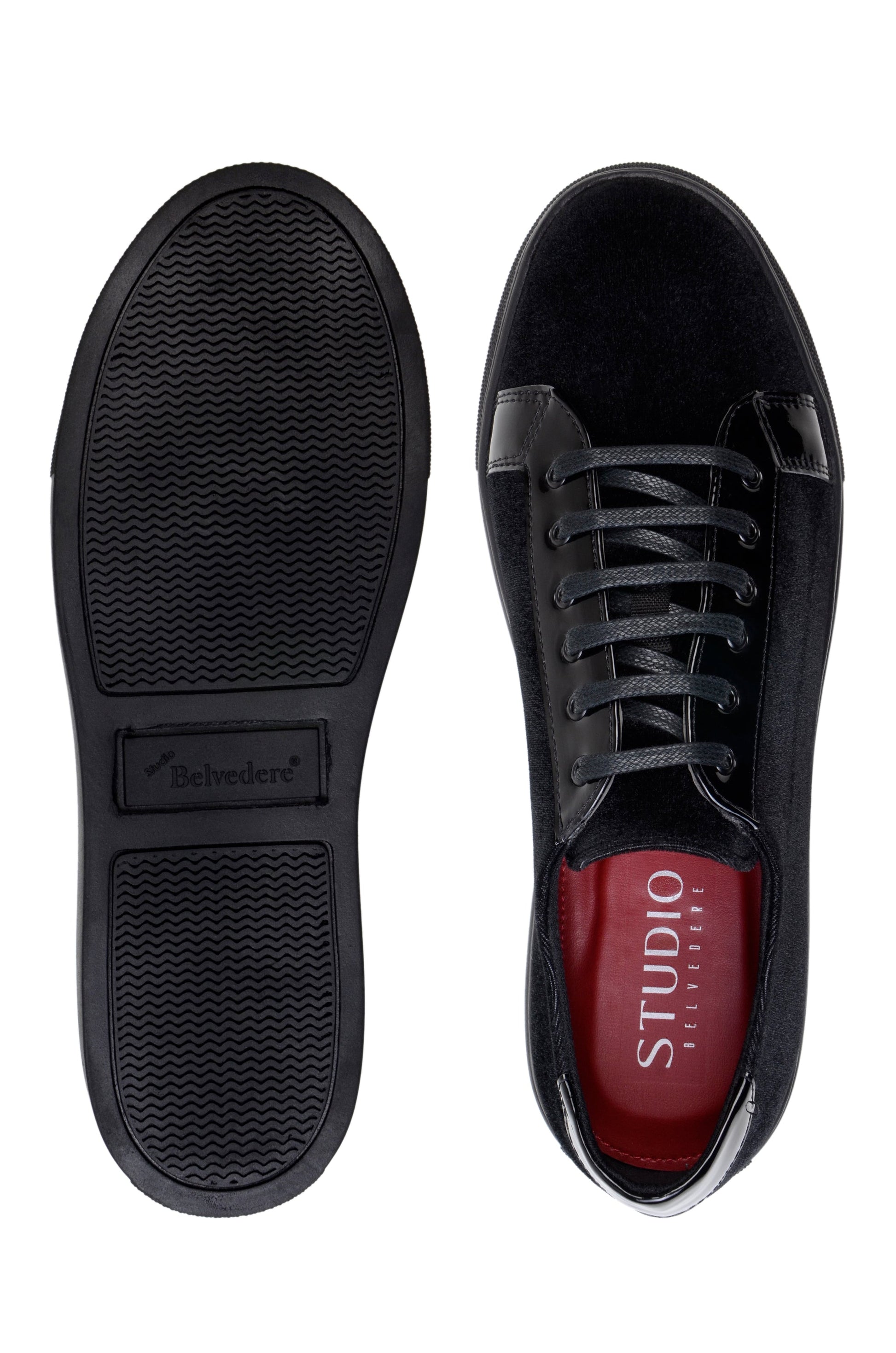 The BELVEDERE Belvedere - Prince is a black sneaker featuring velvet and matte leather, black laces, a cushioned insole, and a black rubber sole. Shown in side profile against a white background.