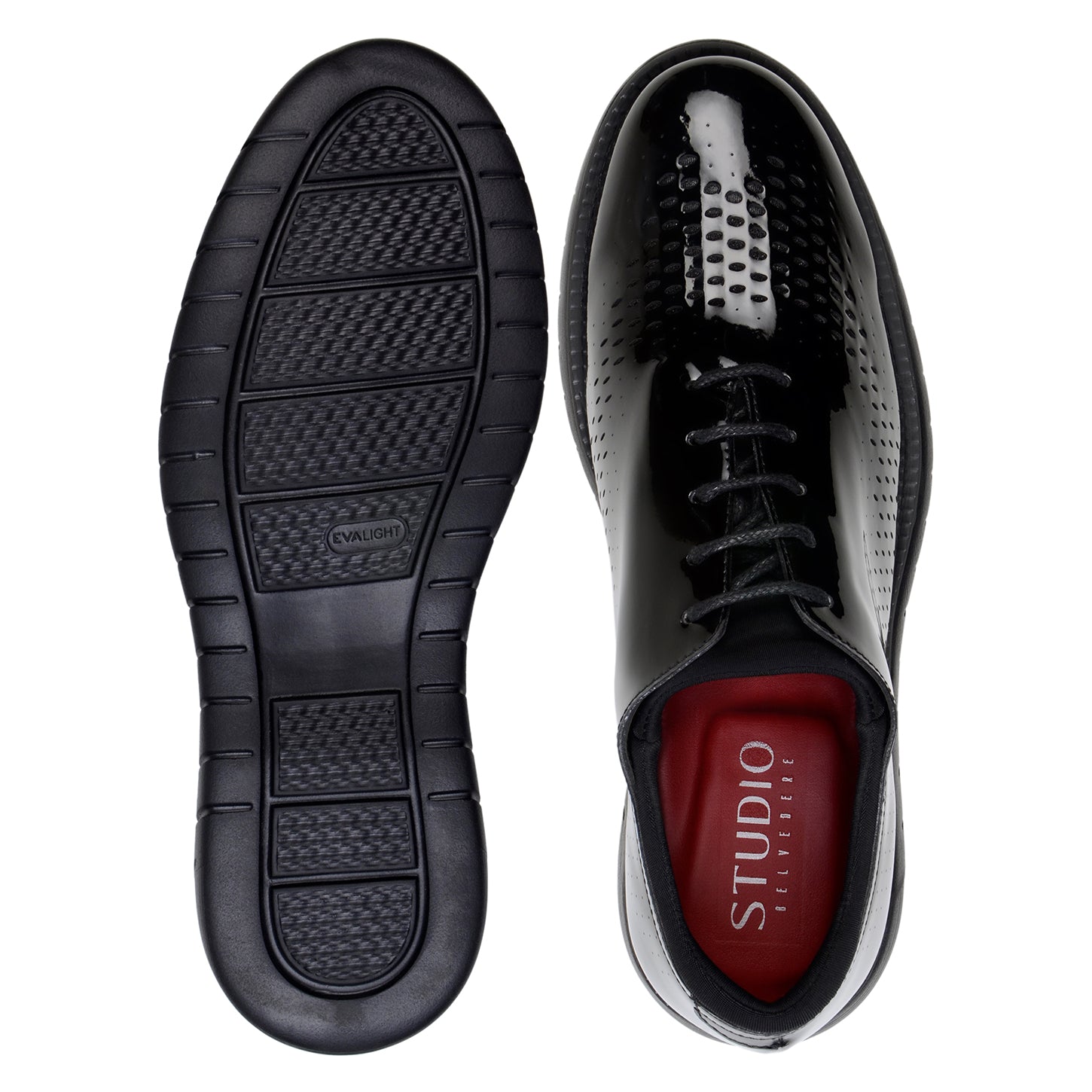 The BELVEDERE Belvedere - Maxim Laser Cut Wingtip Sneaker in black features shiny patent leather, perforated sides, wingtip detailing, and a textured rubber sole, shown in side profile on a white background.