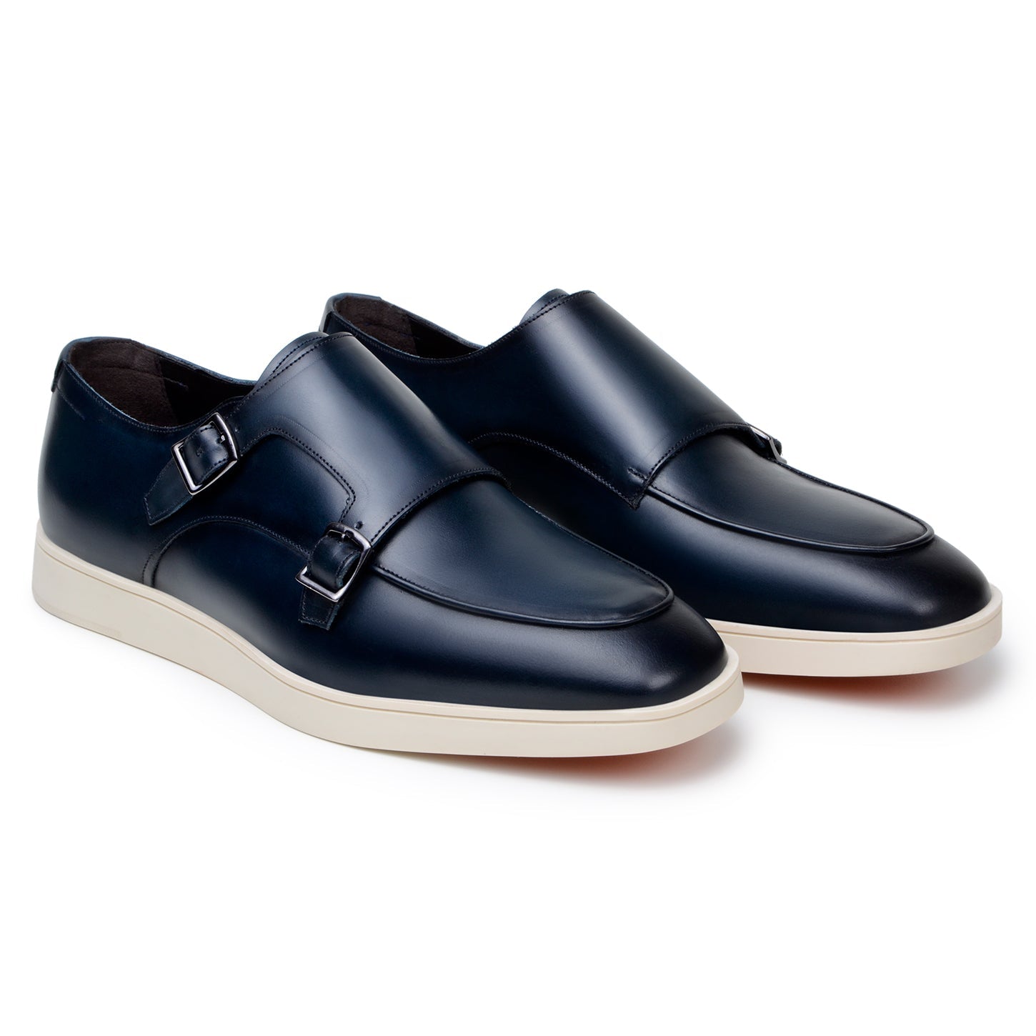 The BELVEDERE Belvedere - Marcio Hybrid Double Buckle Dress Shoe in navy Nappa leather features a white rubber sole. Made in Brazil, it's shown from the side on a white background.