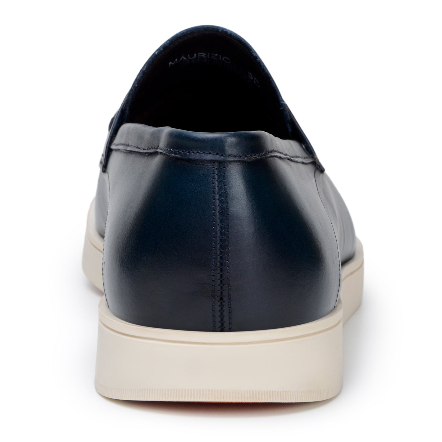 The Belvedere - Maurizio, Hybrid Penny Loafer Dress Shoe in Navy by BELVEDERE is a pair of Nappa leather slip-on shoes with white soles and a cushioned insole, viewed from a slight angle.