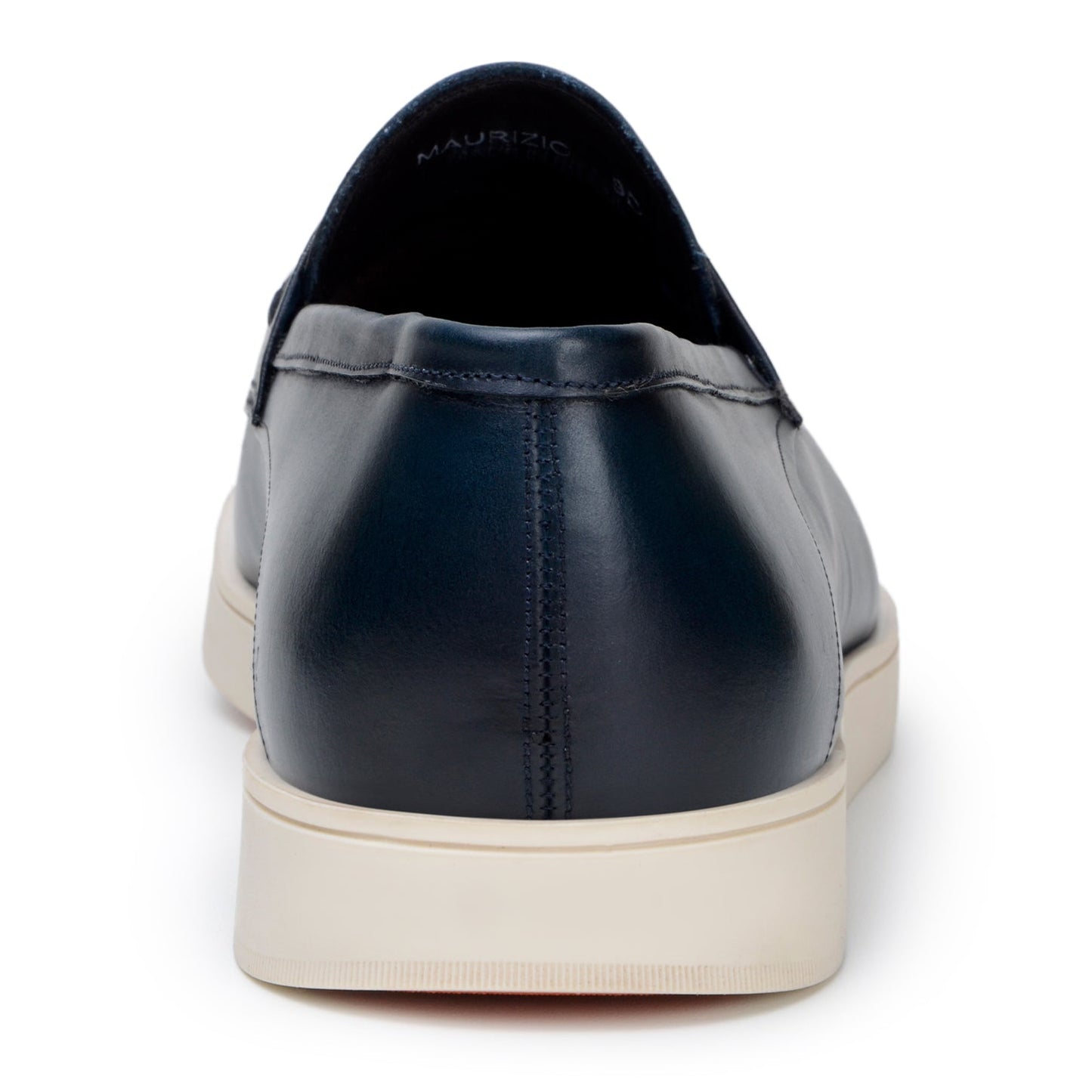 The BELVEDERE Belvedere - Maurizio Hybrid Penny Loafer Shoe in navy Nappa leather features a white rubber sole. Photographed from the side on a white background. Made in Brazil.