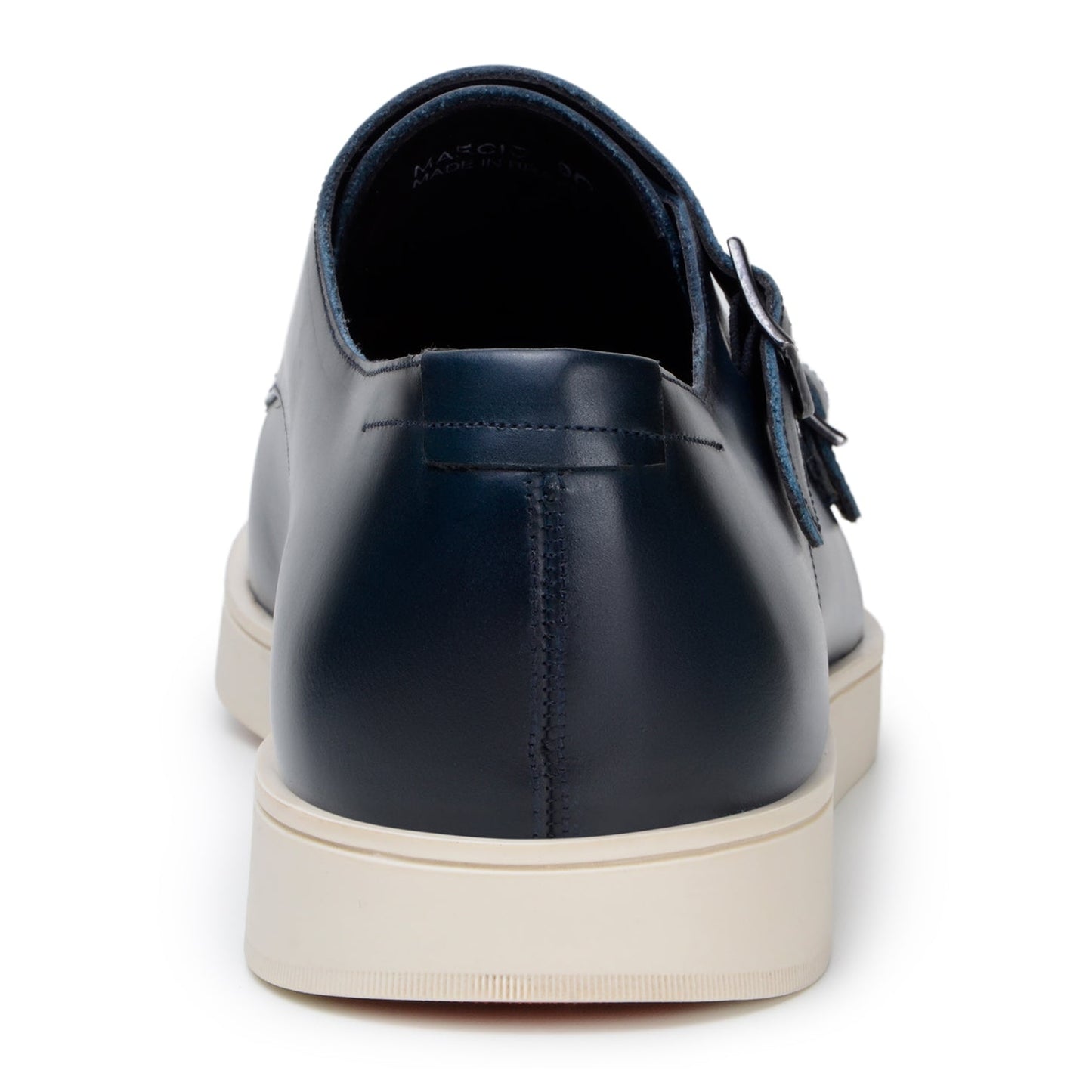 The BELVEDERE Belvedere - Marcio Hybrid Double Buckle Dress Shoe in navy Nappa leather features a white rubber sole. Made in Brazil, it's shown from the side on a white background.