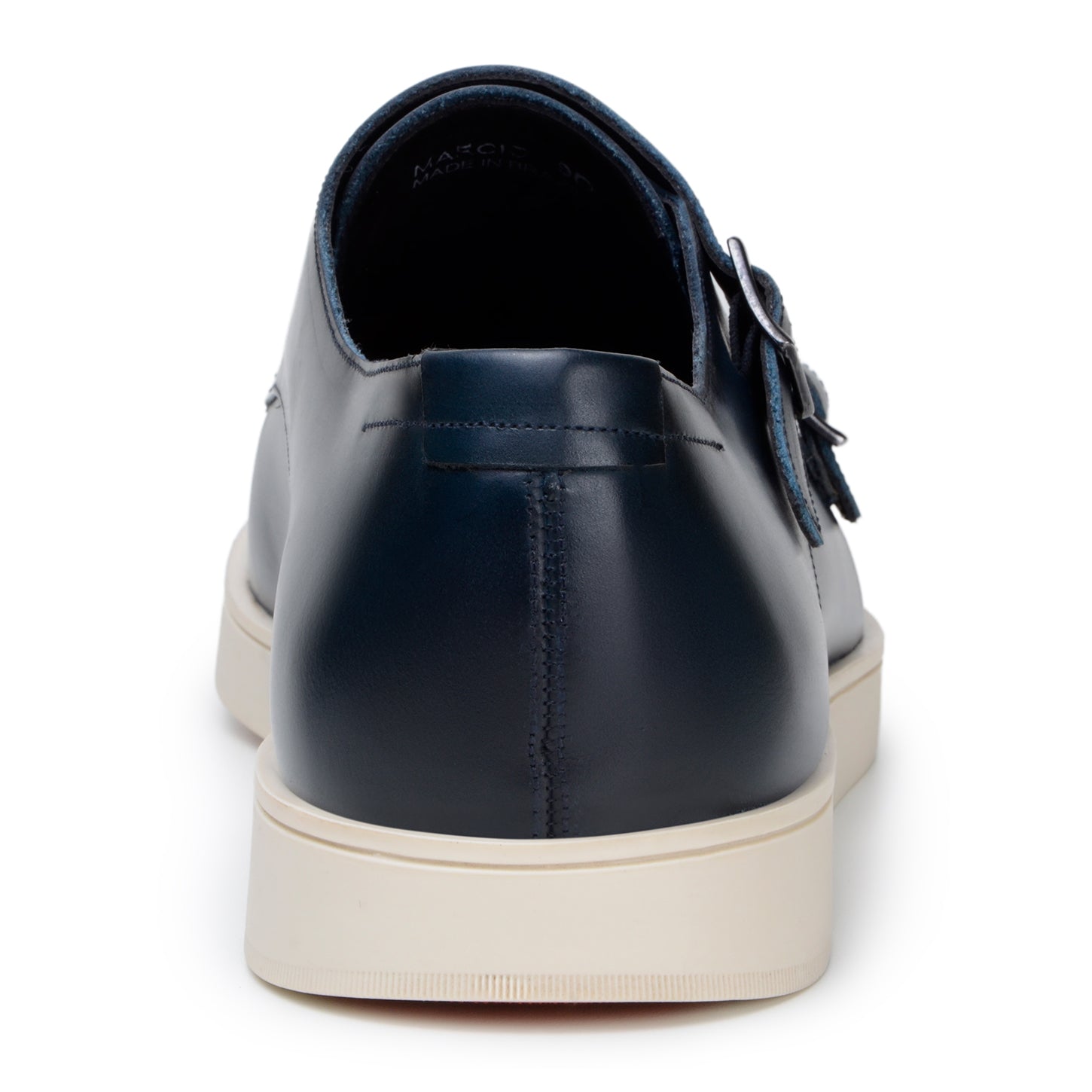 The BELVEDERE Belvedere - Marcio Hybrid Double Buckle Dress Shoe in navy Nappa leather features a white rubber sole. Made in Brazil, it's shown from the side on a white background.