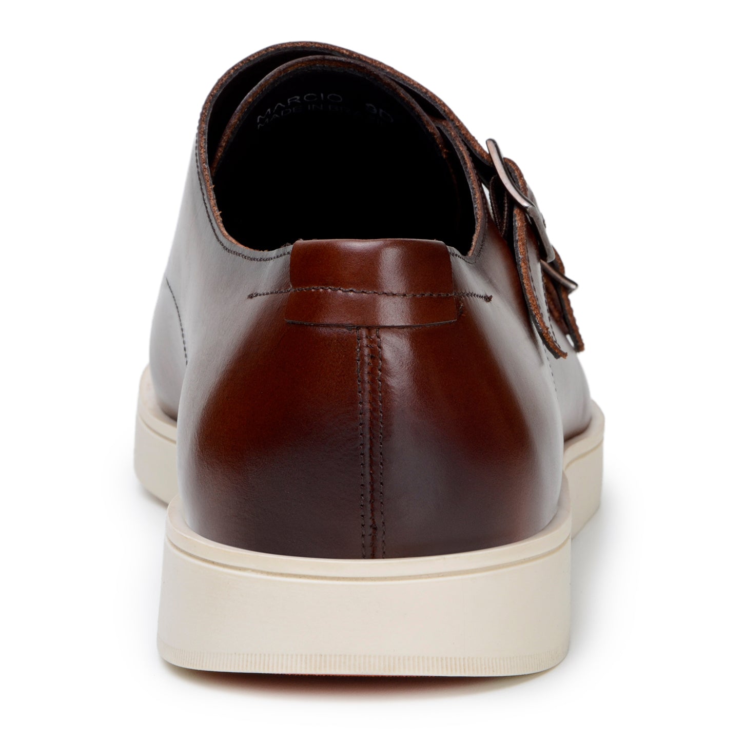 The BELVEDERE Belvedere - Marcio Hybrid Double Buckle Dress Shoe in cognac features two buckles and a white rubber sole, crafted in Brazil and displayed in a side profile view against a white background.