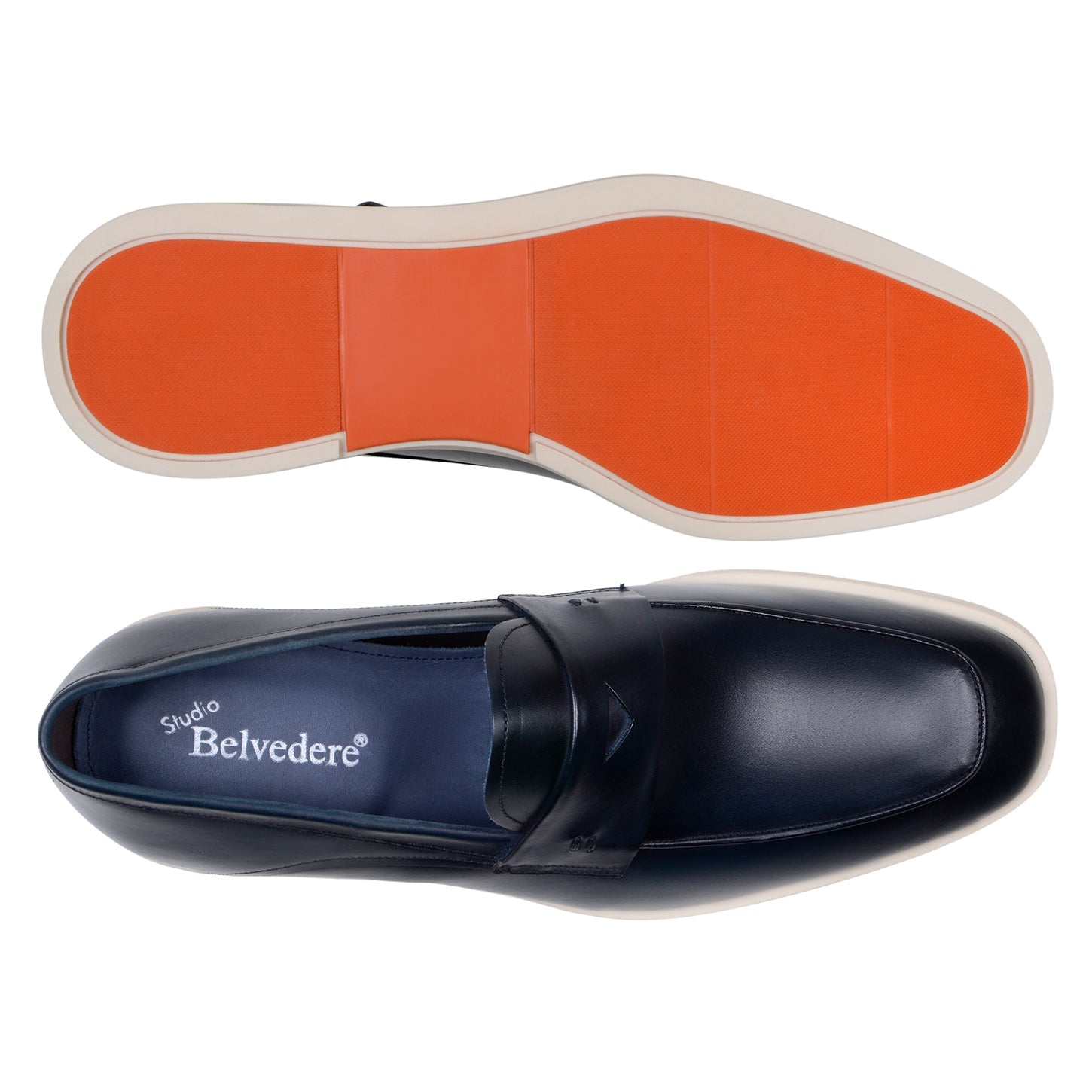 The BELVEDERE Belvedere - Maurizio Hybrid Penny Loafer Shoe in navy Nappa leather features a white rubber sole. Photographed from the side on a white background. Made in Brazil.