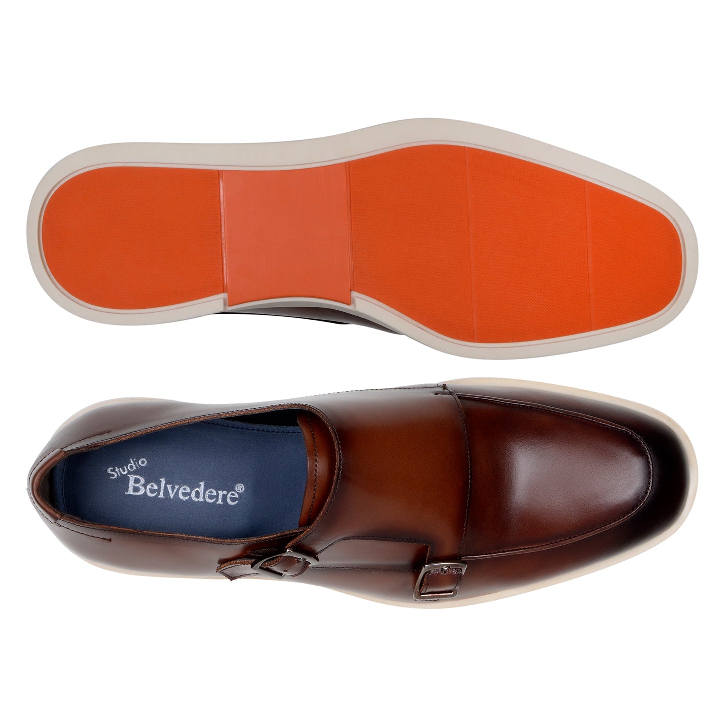 The BELVEDERE Belvedere - Marcio Hybrid Double Buckle Dress Shoe in cognac features two buckles and a white rubber sole, crafted in Brazil and displayed in a side profile view against a white background.