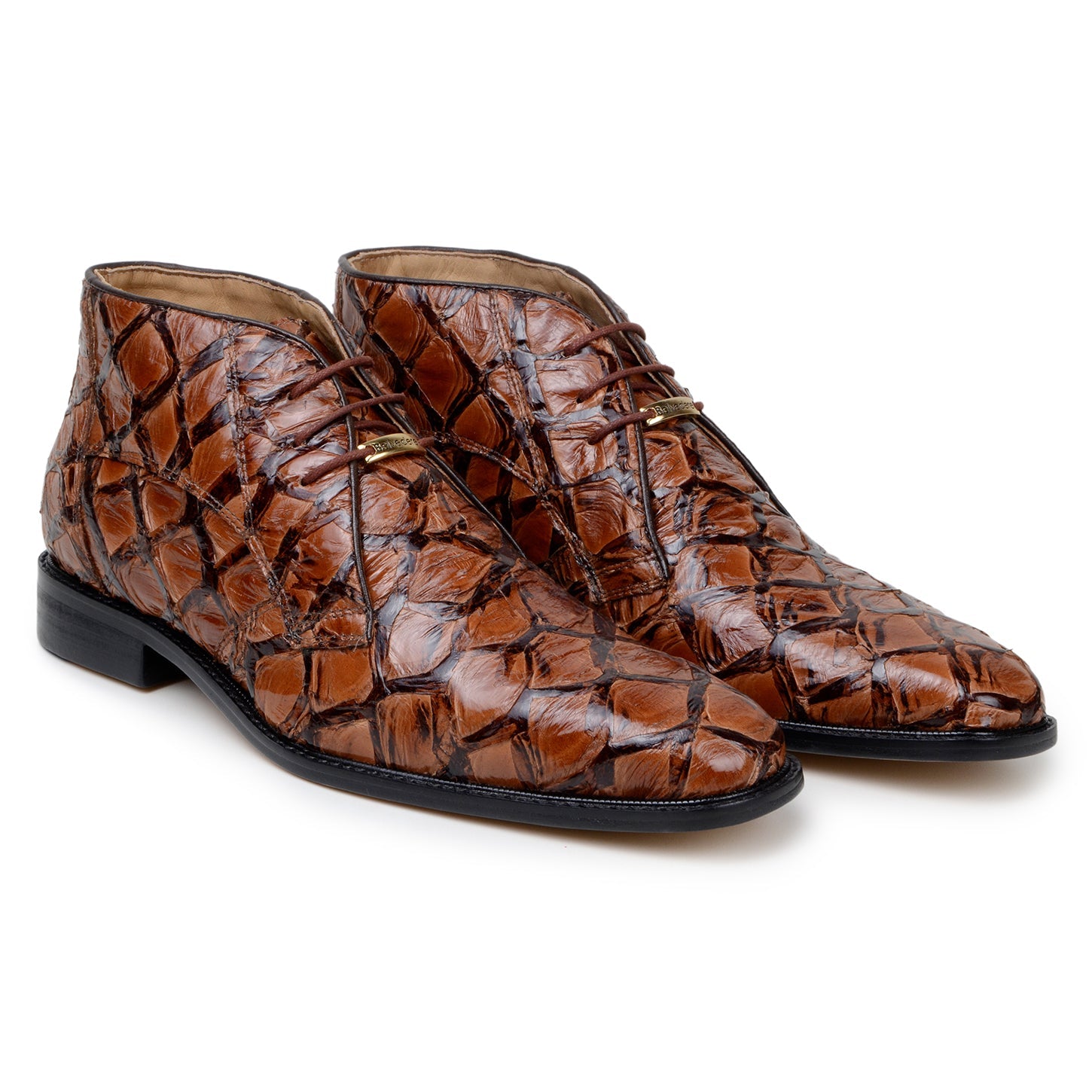 BELVEDERE Belvedere - Ciro genuine Pirarucu leather boots in Antique Almond, handcrafted in Brazil, shown in side view with low heel and lace-up closure.