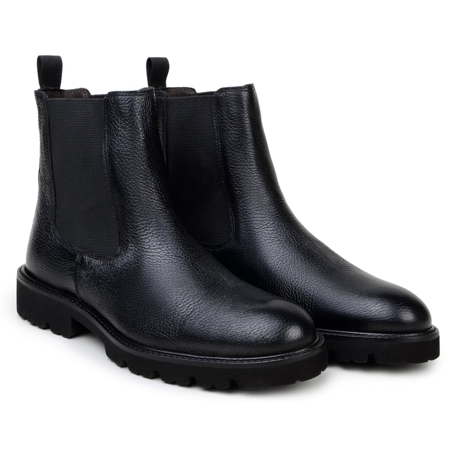 The BELVEDERE Asher is a handcrafted Chelsea boot in black genuine Italian deerskin, featuring elastic side panels, a pull tab, and a thick ridged rubber sole.