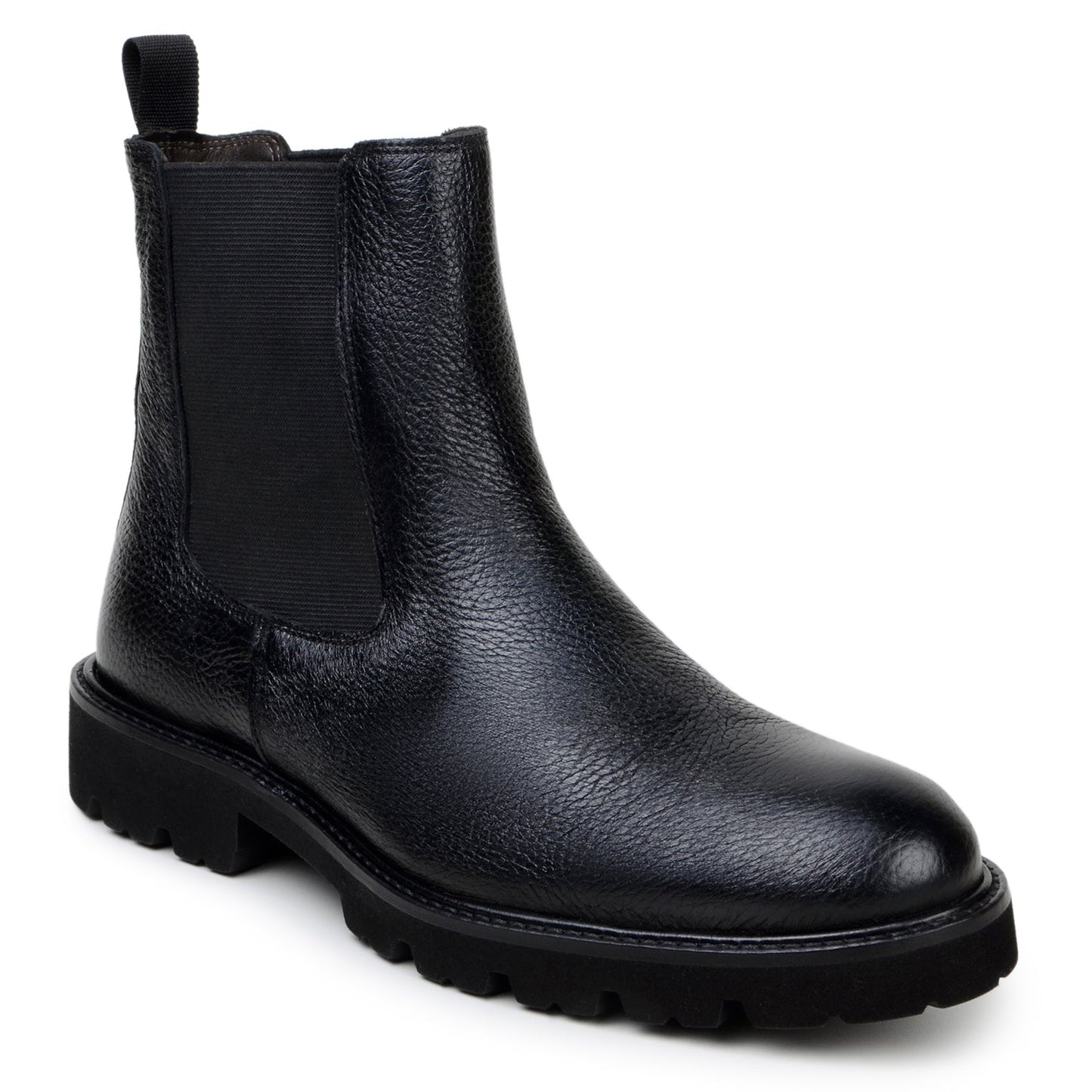 The BELVEDERE Asher is a handcrafted Chelsea boot in black genuine Italian deerskin, featuring elastic side panels, a pull tab, and a thick ridged rubber sole.