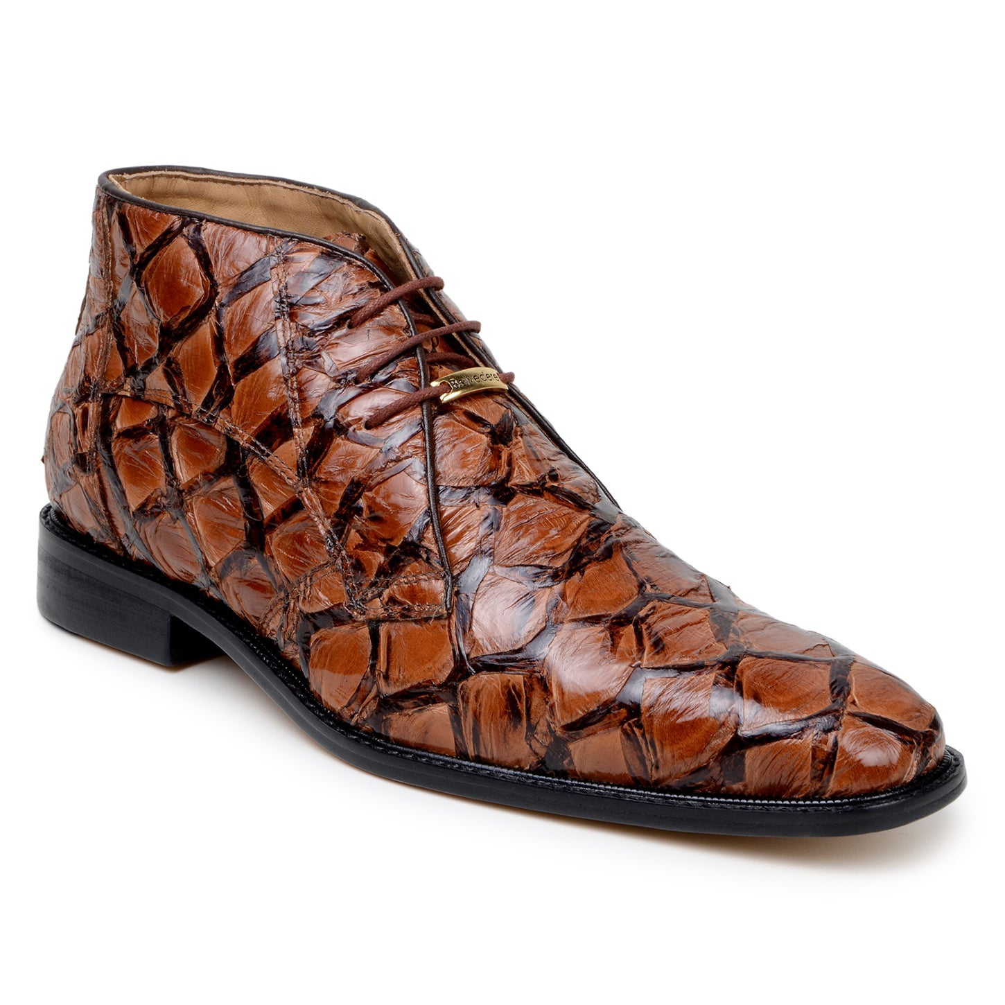 BELVEDERE Belvedere - Ciro genuine Pirarucu leather boots in Antique Almond, handcrafted in Brazil, shown in side view with low heel and lace-up closure.