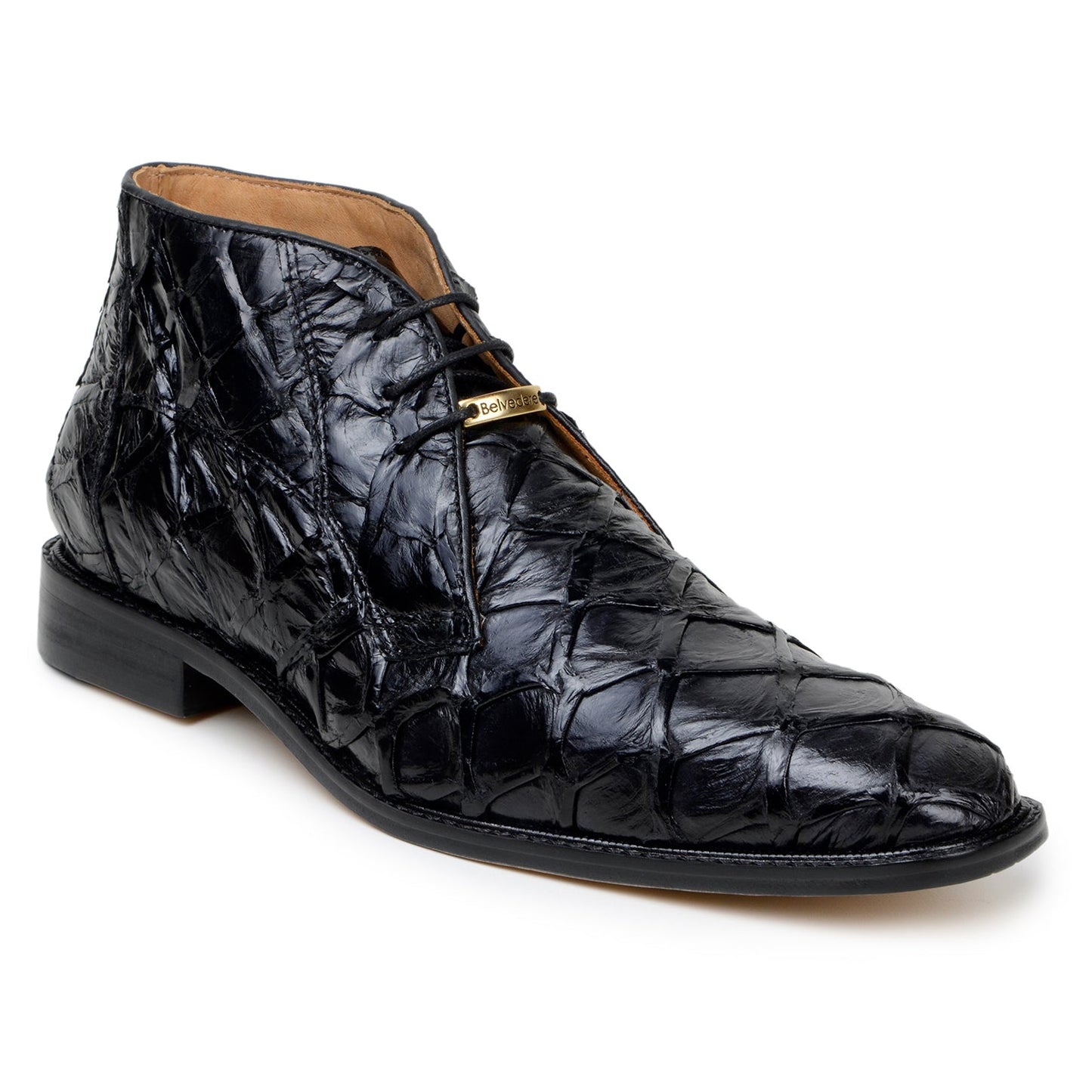 The Belvedere Ciro boots are made from genuine black Pirarucu leather, handcrafted in Brazil, featuring a low heel and closed lacing, shown in profile against a white background.