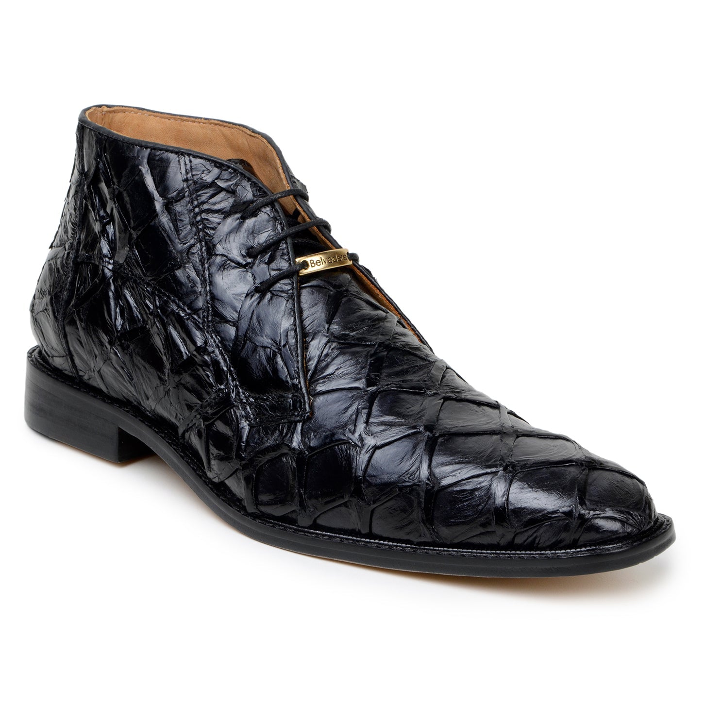 The Belvedere Ciro boots are made from genuine black Pirarucu leather, handcrafted in Brazil, featuring a low heel and closed lacing, shown in profile against a white background.