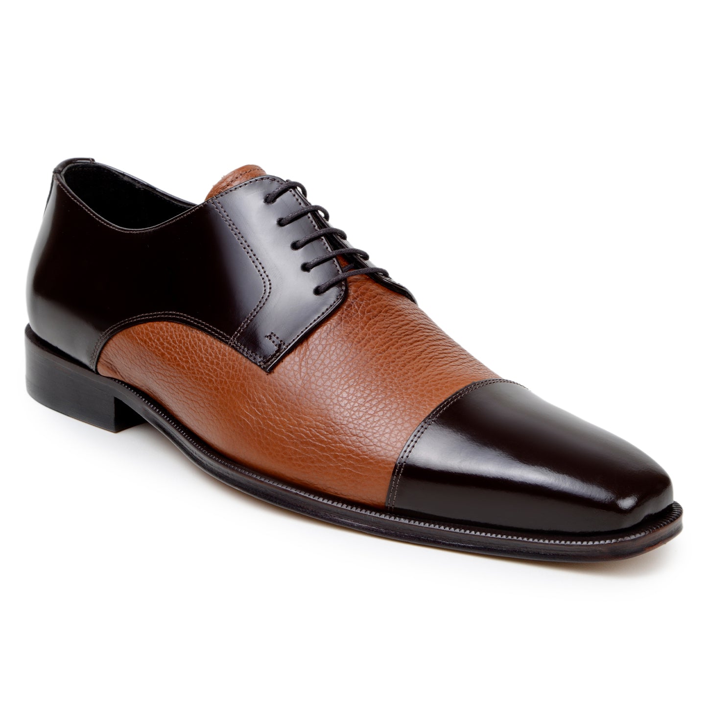 The BELVEDERE Alexander is a men's dress shoe crafted in Brazil with a black polished toe and heel, brown/tan genuine Italian deerskin midsection, black laces, and shown in side profile.
