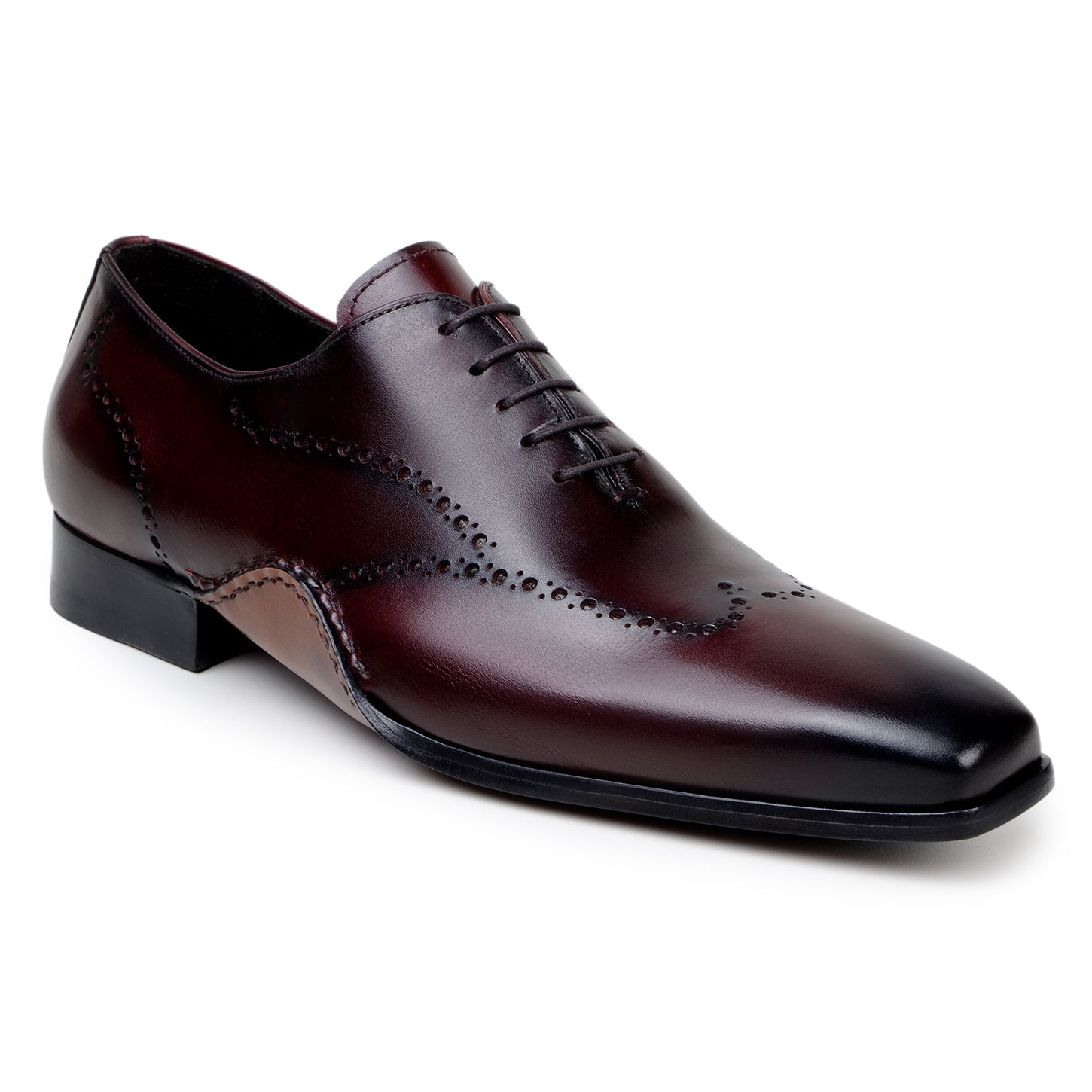The BELVEDERE Otto is an Italian calf leather dress shoe in antique burgundy, featuring decorative perforations, a low heel, and a polished finish; shown here in profile view.