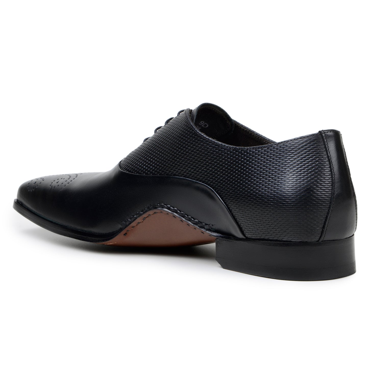 The BELVEDERE Saggio is a black Italian calf leather dress shoe with a textured upper, perforated toe, stitched leather sole, and cushioned insole, shown in a side view.