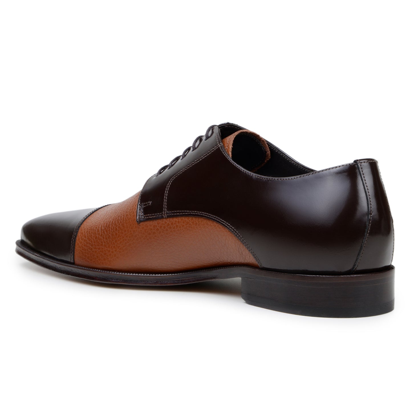 The BELVEDERE Alexander is a men's dress shoe crafted in Brazil with a black polished toe and heel, brown/tan genuine Italian deerskin midsection, black laces, and shown in side profile.