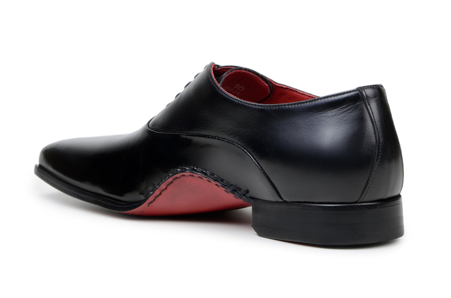 The BELVEDERE Belvedere - Nero is an Italian calf leather dress shoe in black, featuring a red interior lining and opanka red sole, shown side by side on a white background.