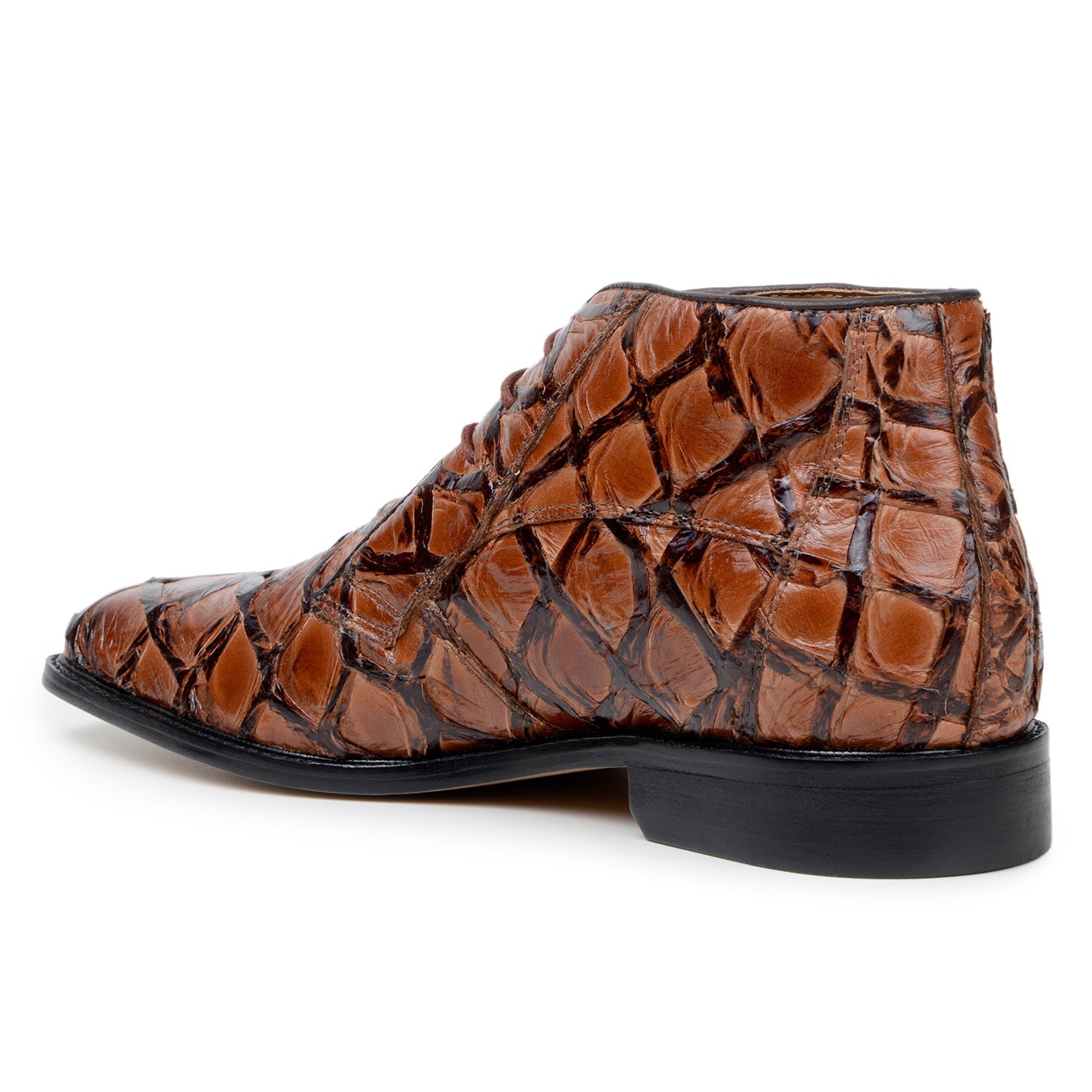 BELVEDERE Belvedere - Ciro genuine Pirarucu leather boots in Antique Almond, handcrafted in Brazil, shown in side view with low heel and lace-up closure.