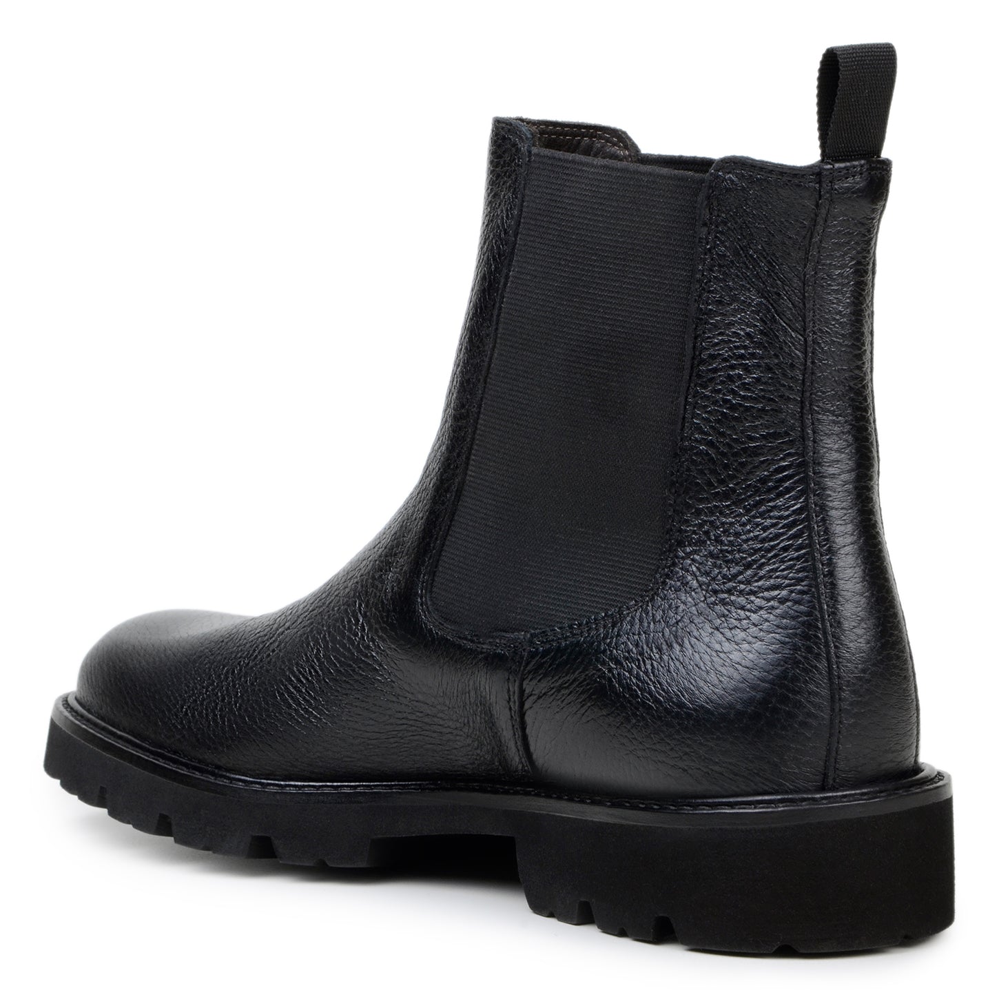 The BELVEDERE Asher is a handcrafted Chelsea boot in black genuine Italian deerskin, featuring elastic side panels, a pull tab, and a thick ridged rubber sole.