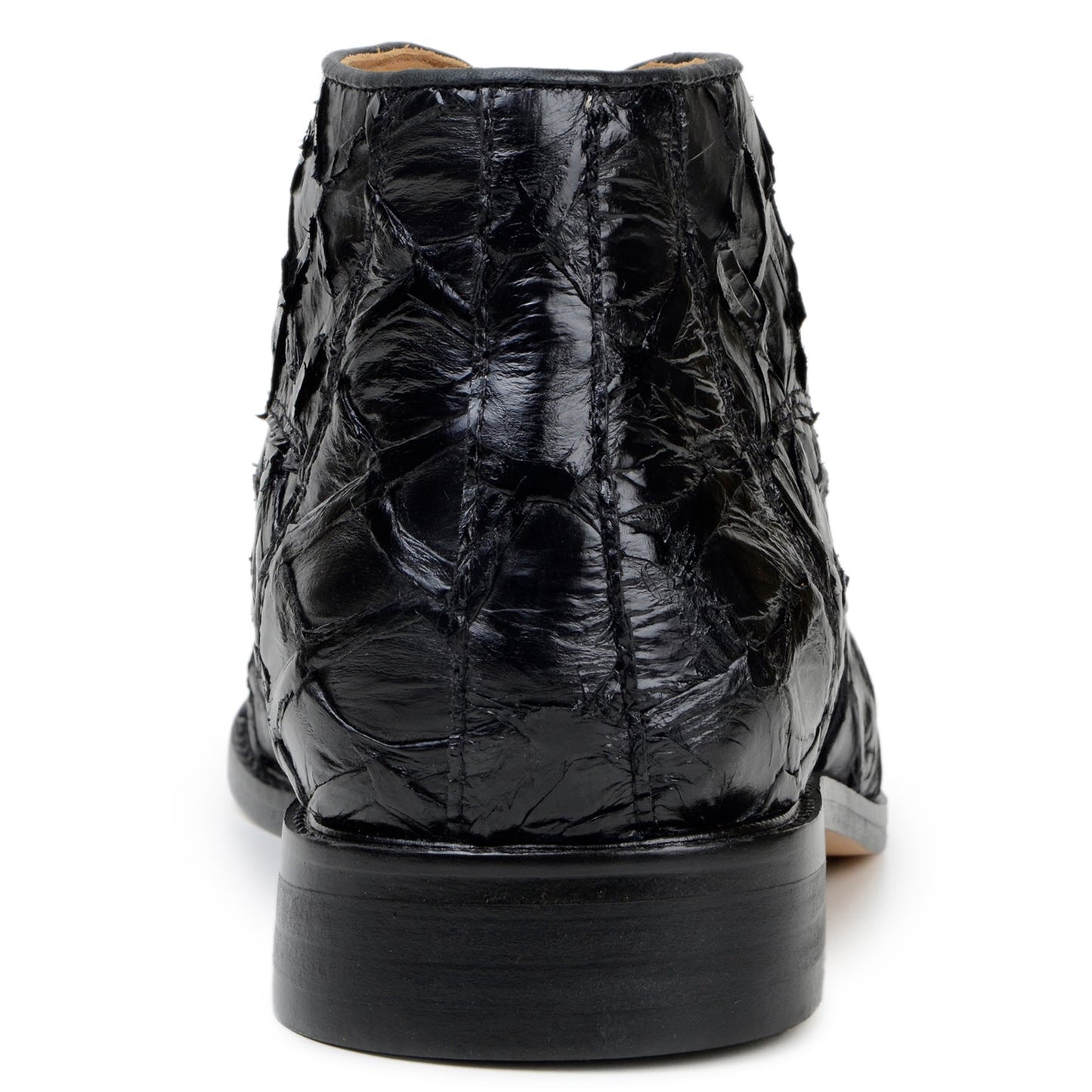 The Belvedere Ciro boots are made from genuine black Pirarucu leather, handcrafted in Brazil, featuring a low heel and closed lacing, shown in profile against a white background.