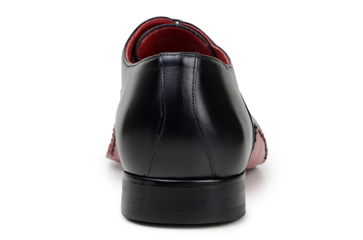The BELVEDERE Belvedere - Nero is an Italian calf leather dress shoe in black, featuring a red interior lining and opanka red sole, shown side by side on a white background.
