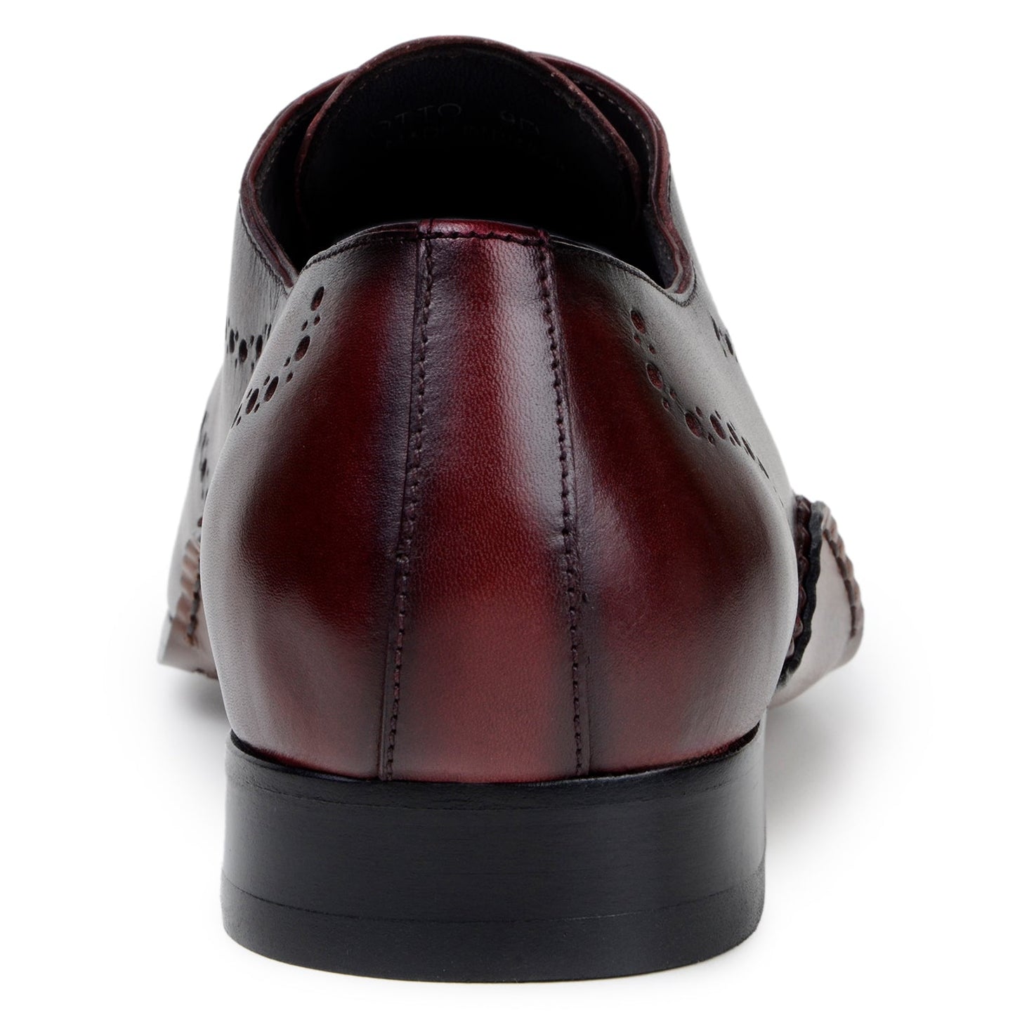 The BELVEDERE Otto is an Italian calf leather dress shoe in antique burgundy, featuring decorative perforations, a low heel, and a polished finish; shown here in profile view.