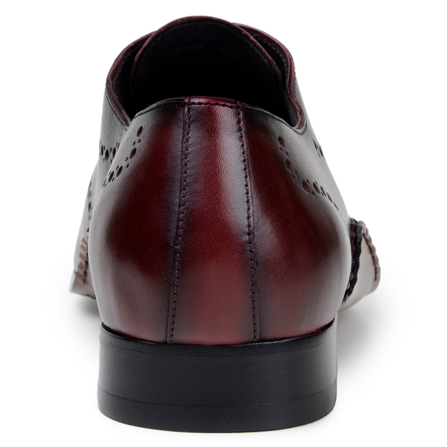 The BELVEDERE Otto is an Italian calf leather dress shoe in antique burgundy, featuring decorative perforations, a low heel, and a polished finish; shown here in profile view.