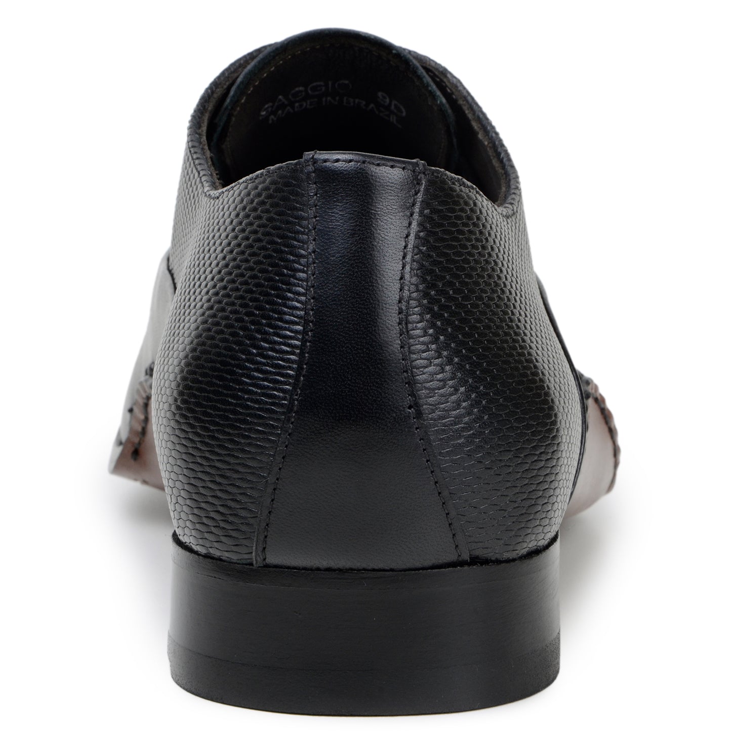 The BELVEDERE Saggio is a black Italian calf leather dress shoe with a textured upper, perforated toe, stitched leather sole, and cushioned insole, shown in a side view.