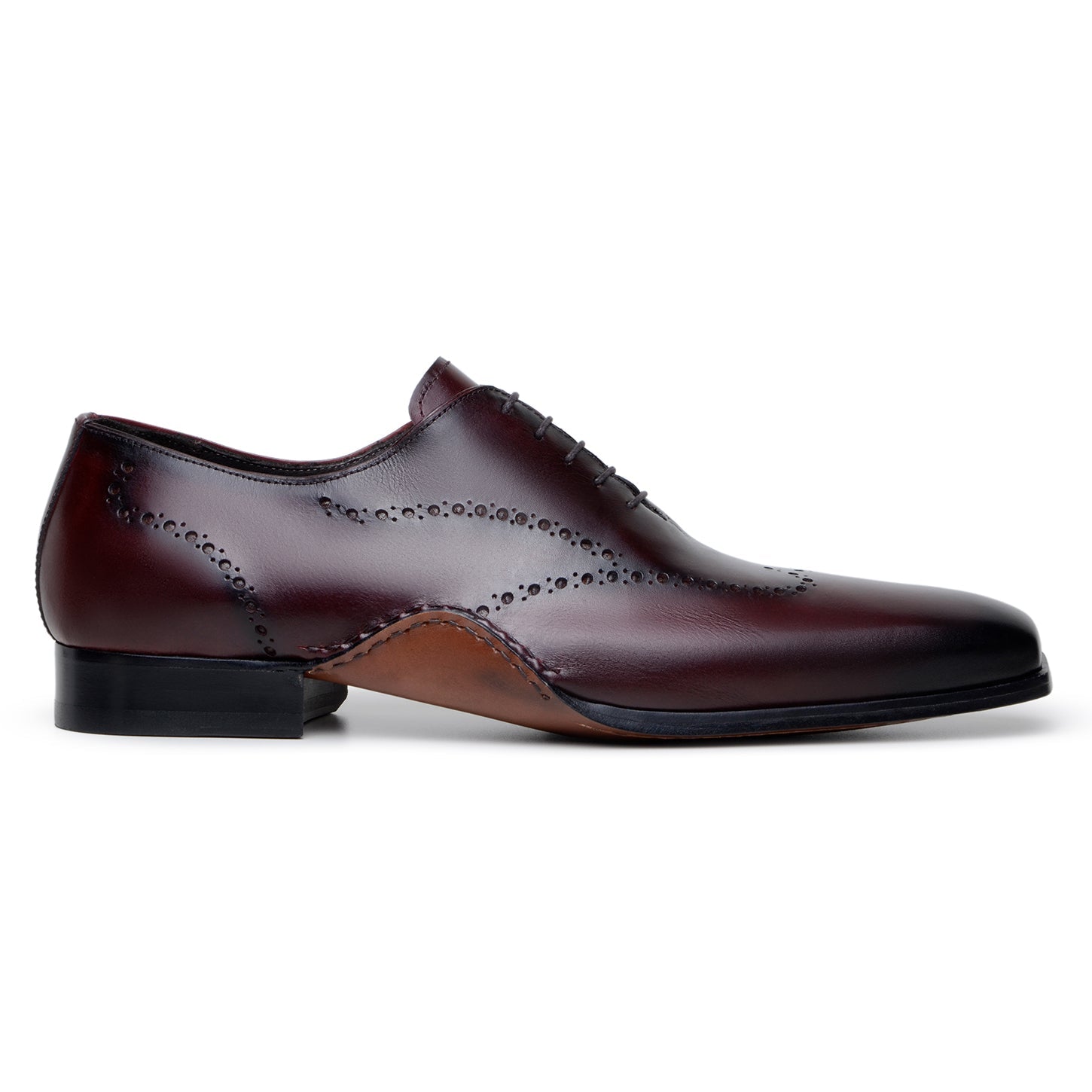 The BELVEDERE Otto is an Italian calf leather dress shoe in antique burgundy, featuring decorative perforations, a low heel, and a polished finish; shown here in profile view.