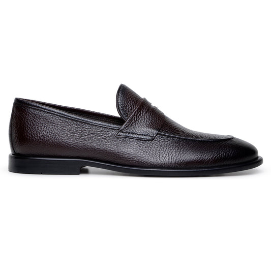 The BELVEDERE Belvedere-Nohr is a brown genuine Italian deerskin dress shoe with a textured finish, low heel, and rounded toe, handcrafted and shown in a side profile view.