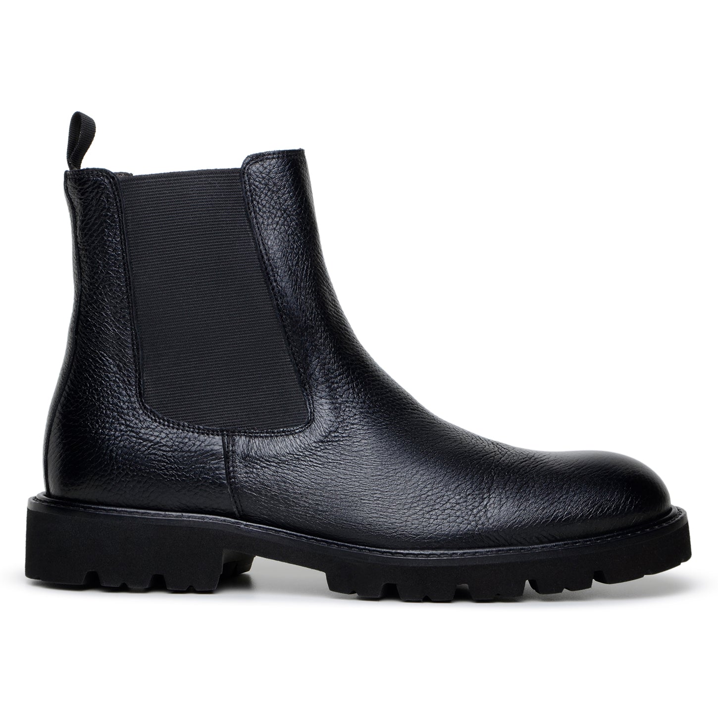 The BELVEDERE Asher is a handcrafted Chelsea boot in black genuine Italian deerskin, featuring elastic side panels, a pull tab, and a thick ridged rubber sole.