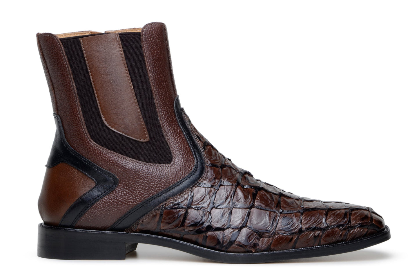 The BELVEDERE Belvedere - Lima, Genuine Pirarucu Leather Boots - Brown (BR04) feature handcrafted Brazilian construction, a reptile-textured finish, black accents, elastic side panels, and a low heel.