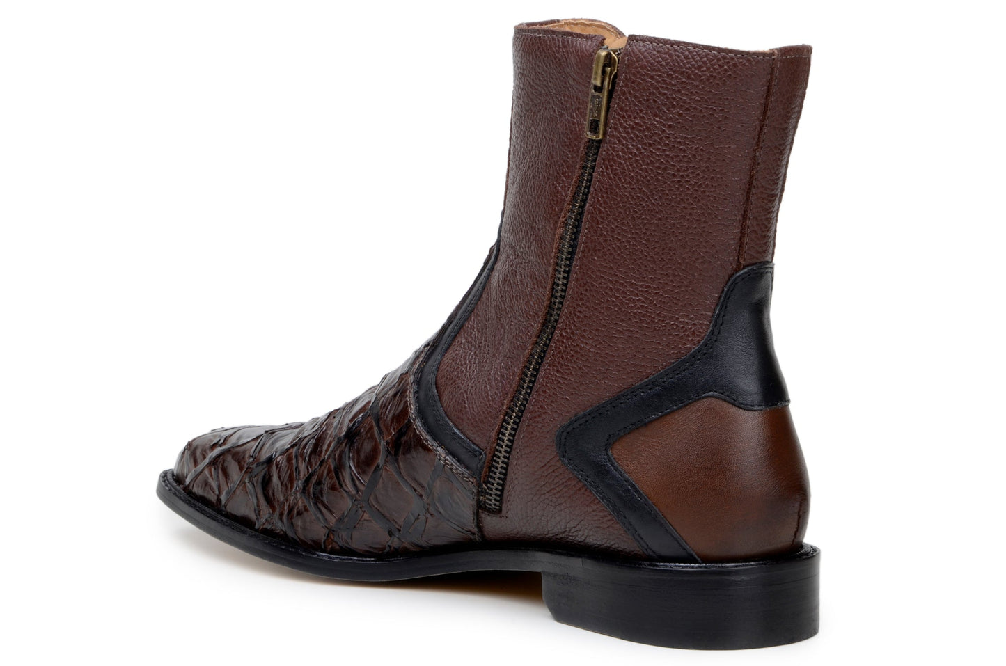 The BELVEDERE Belvedere - Lima, Genuine Pirarucu Leather Boots - Brown (BR04) feature handcrafted Brazilian construction, a reptile-textured finish, black accents, elastic side panels, and a low heel.