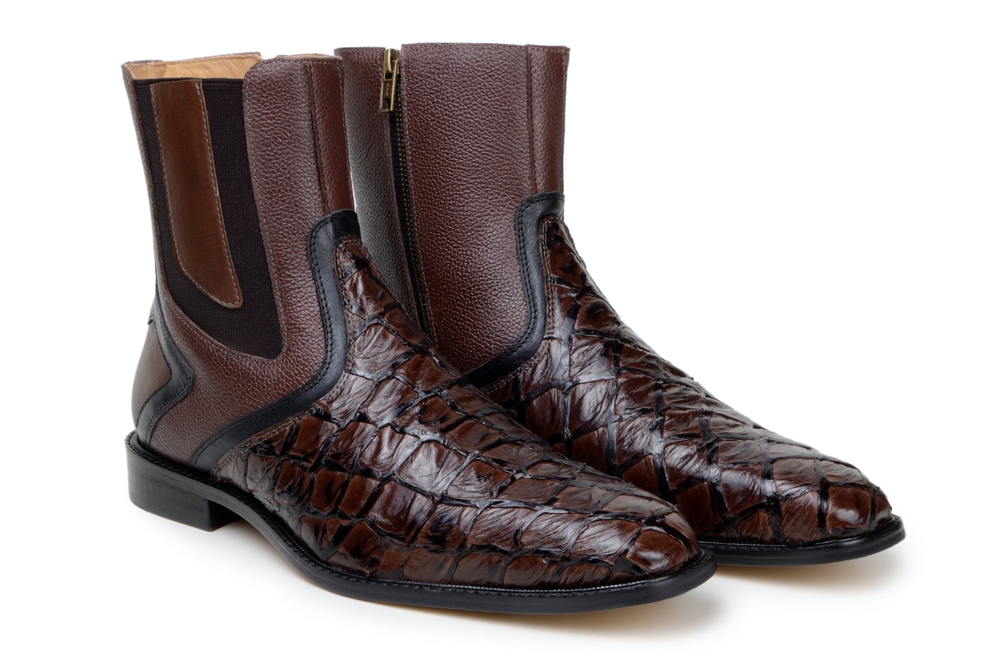 The BELVEDERE Belvedere - Lima, Genuine Pirarucu Leather Boots - Brown (BR04) feature handcrafted Brazilian construction, a reptile-textured finish, black accents, elastic side panels, and a low heel.