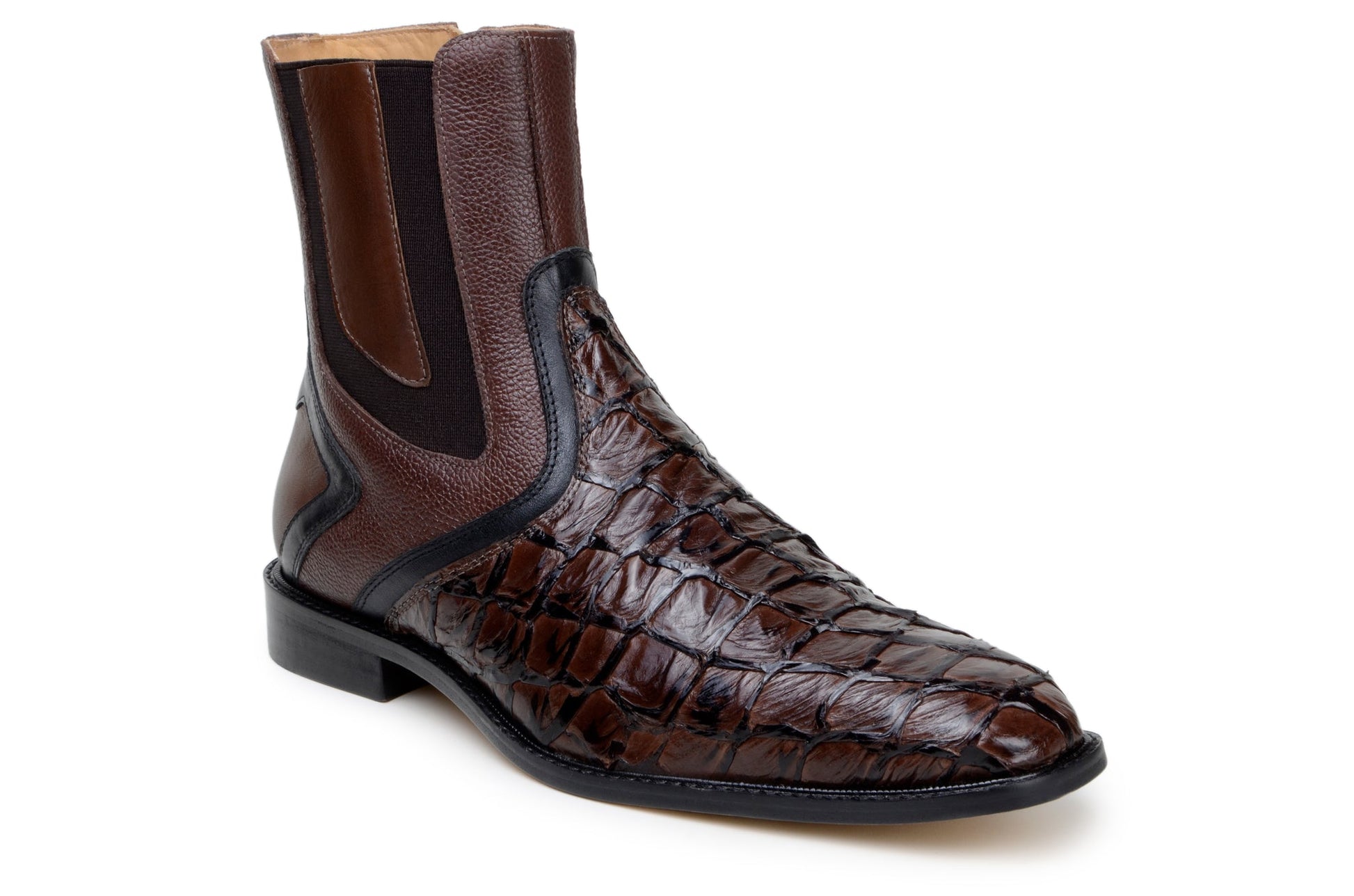 The BELVEDERE Belvedere - Lima, Genuine Pirarucu Leather Boots - Brown (BR04) feature handcrafted Brazilian construction, a reptile-textured finish, black accents, elastic side panels, and a low heel.
