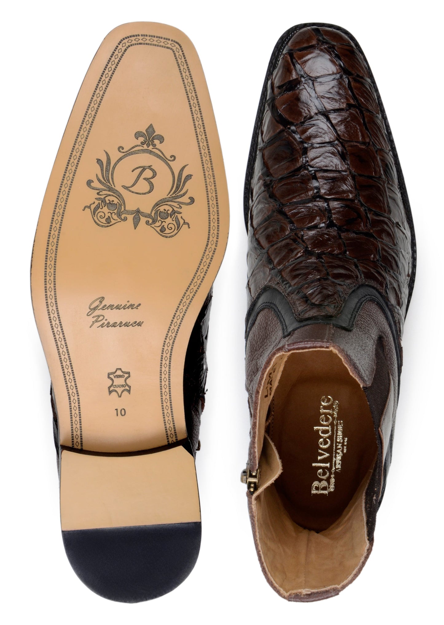 The BELVEDERE Belvedere - Lima, Genuine Pirarucu Leather Boots - Brown (BR04) feature handcrafted Brazilian construction, a reptile-textured finish, black accents, elastic side panels, and a low heel.