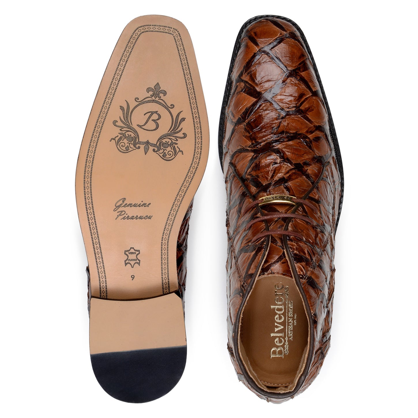 BELVEDERE Belvedere - Ciro genuine Pirarucu leather boots in Antique Almond, handcrafted in Brazil, shown in side view with low heel and lace-up closure.