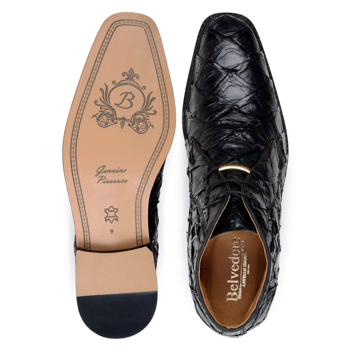 The Belvedere Ciro boots are made from genuine black Pirarucu leather, handcrafted in Brazil, featuring a low heel and closed lacing, shown in profile against a white background.