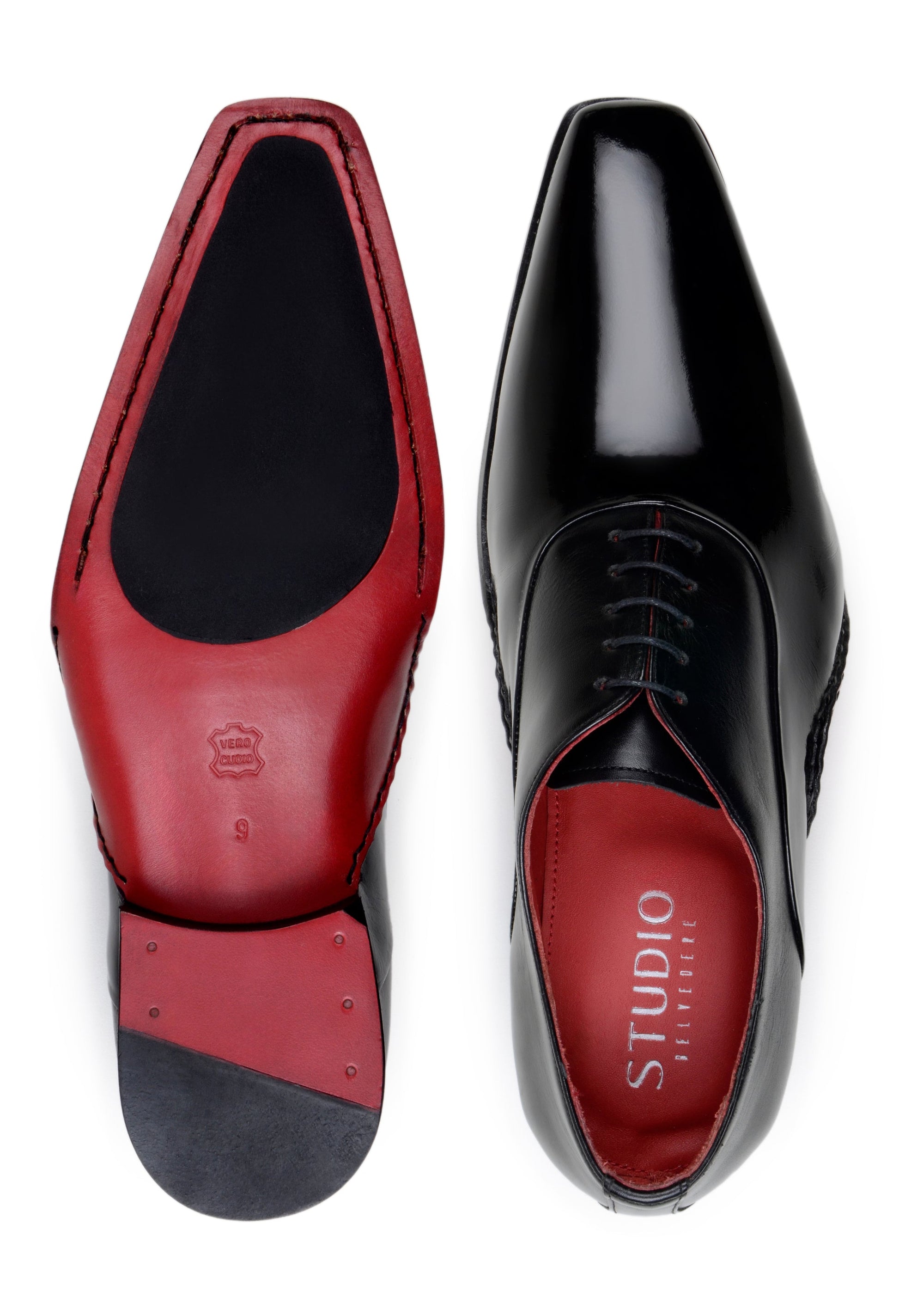 The BELVEDERE Belvedere - Nero is an Italian calf leather dress shoe in black, featuring a red interior lining and opanka red sole, shown side by side on a white background.