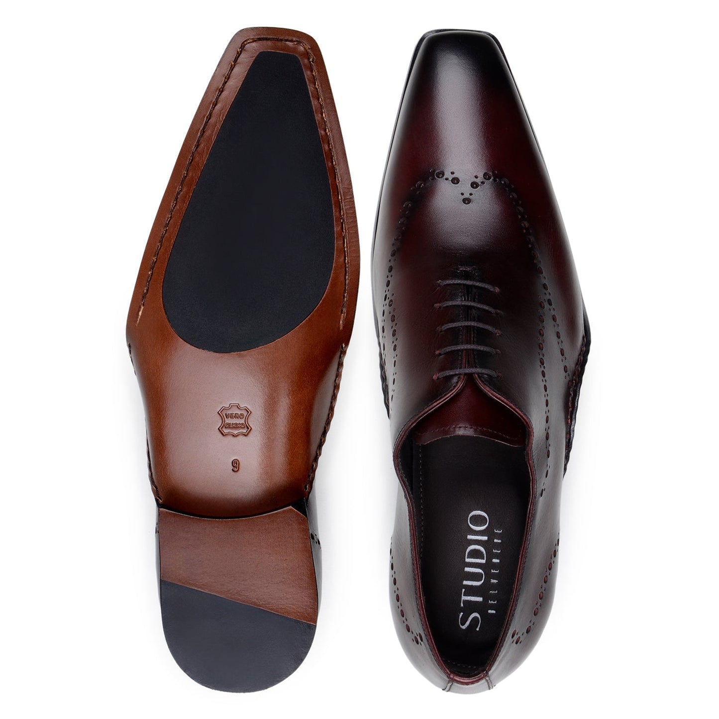 The BELVEDERE Otto is an Italian calf leather dress shoe in antique burgundy, featuring decorative perforations, a low heel, and a polished finish; shown here in profile view.