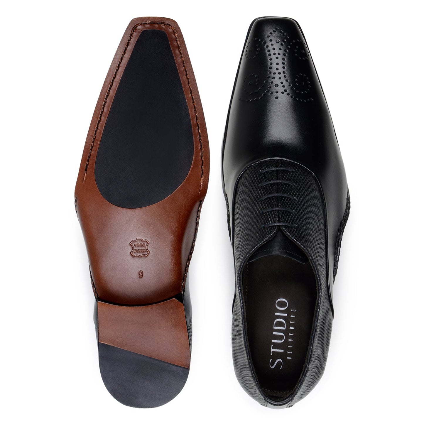 The BELVEDERE Saggio is a black Italian calf leather dress shoe with a textured upper, perforated toe, stitched leather sole, and cushioned insole, shown in a side view.