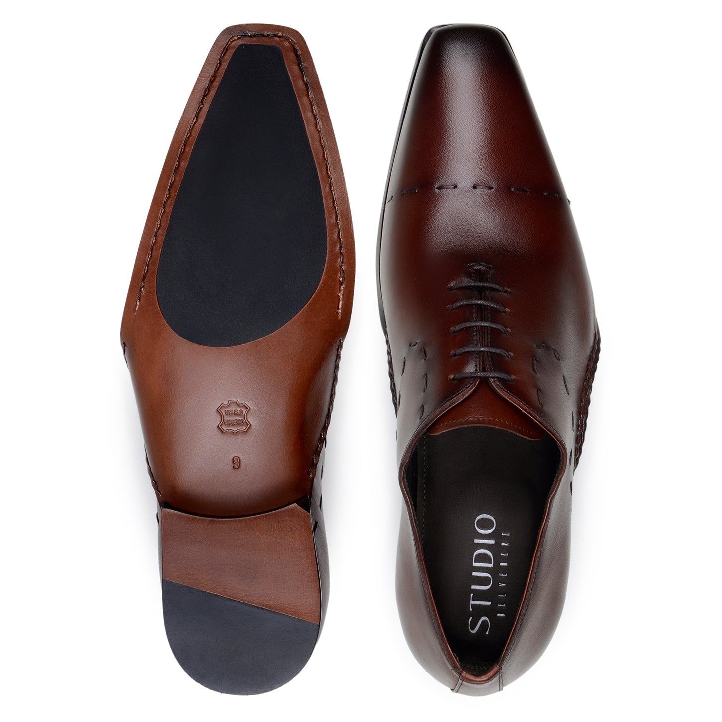 The BELVEDERE Belvedere - Maestro Italian Calf Dress Shoe in Antique Cognac features visible stitching, a low heel, sleek polished finish, and is handcrafted in Brazil from premium leather.